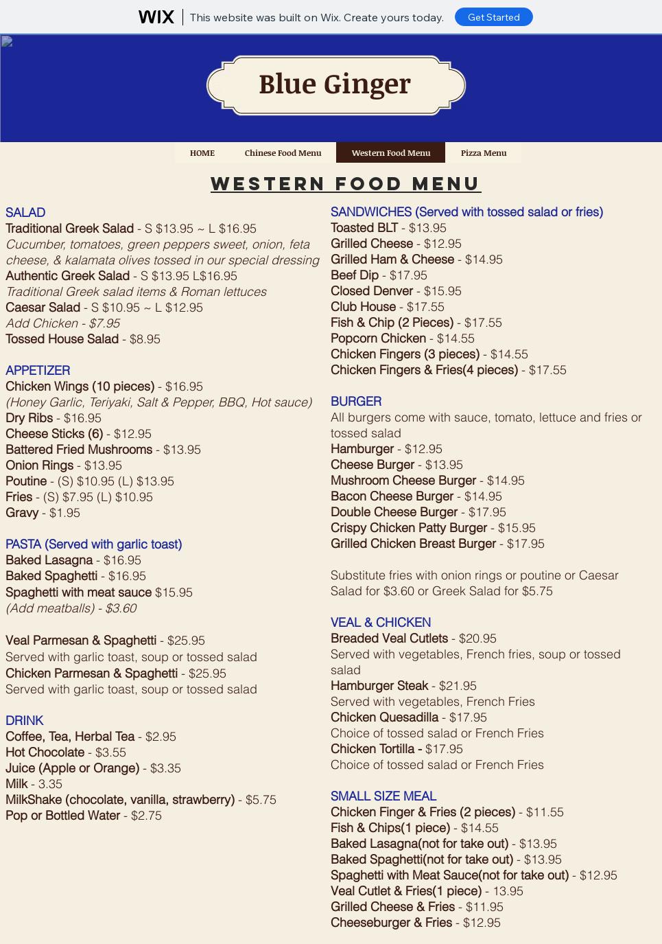 Blue Ginger Restaurant Menu