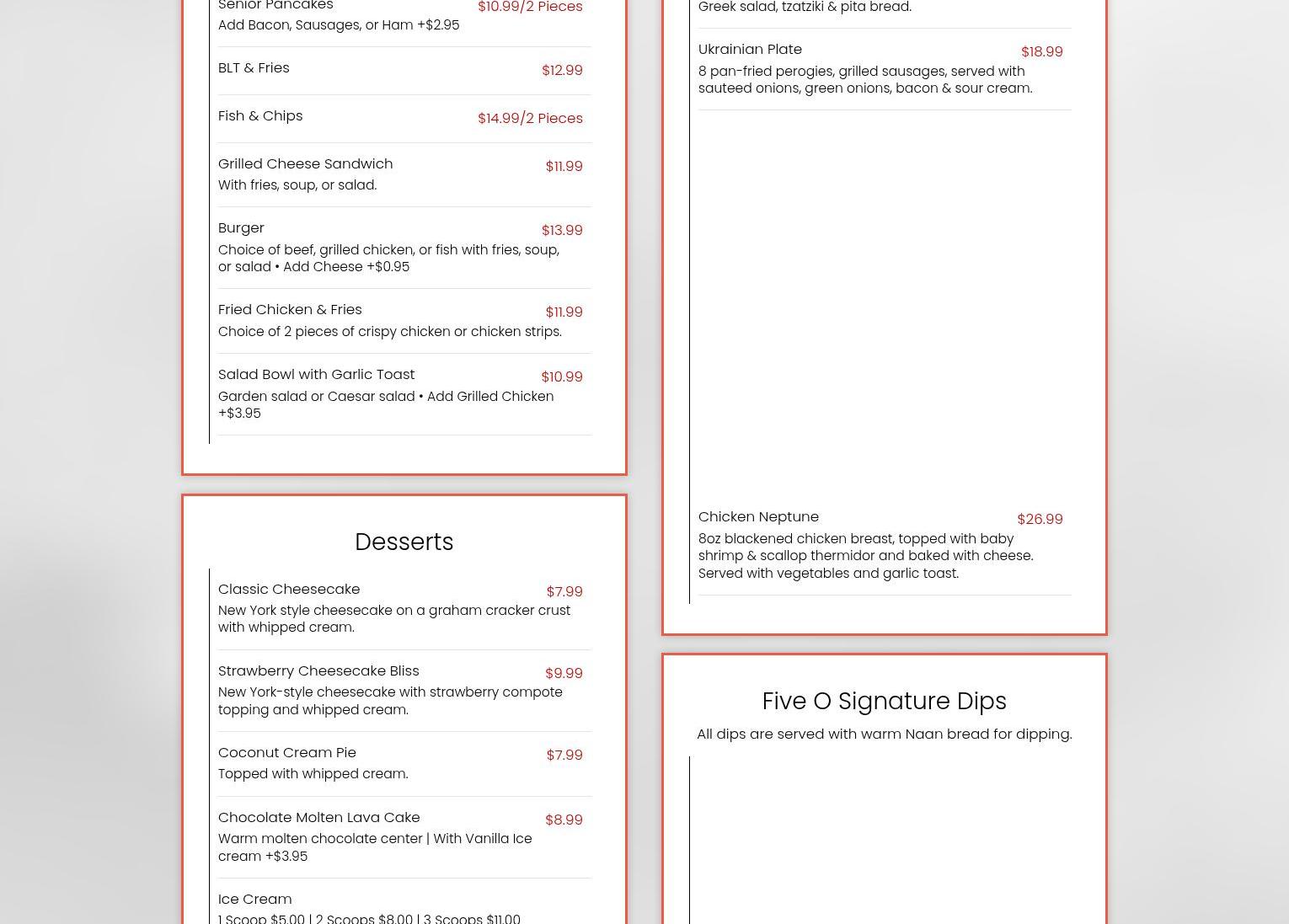 Five-0 Bar & Grill Menu