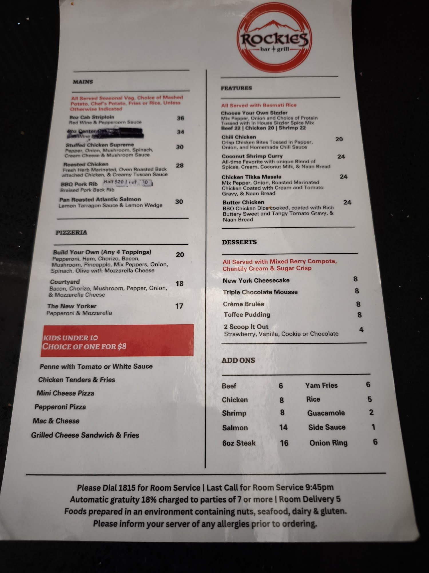 Courtyard Restaurant & Rockies Sports Bar Menu