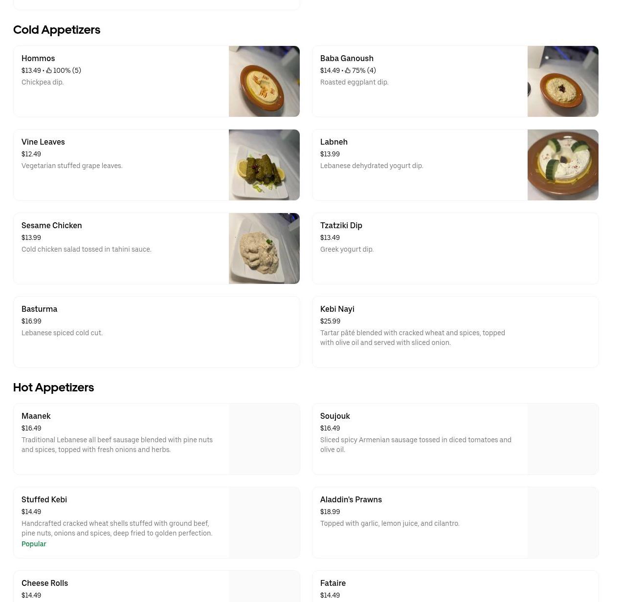 Aladdin's Casbah Menu