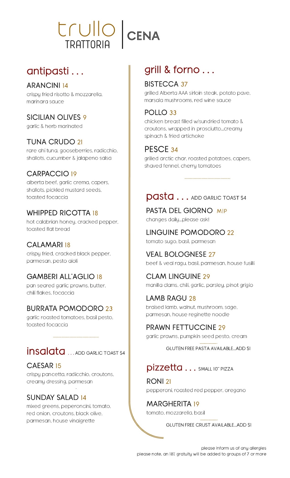 Trullo Trattoria Menu