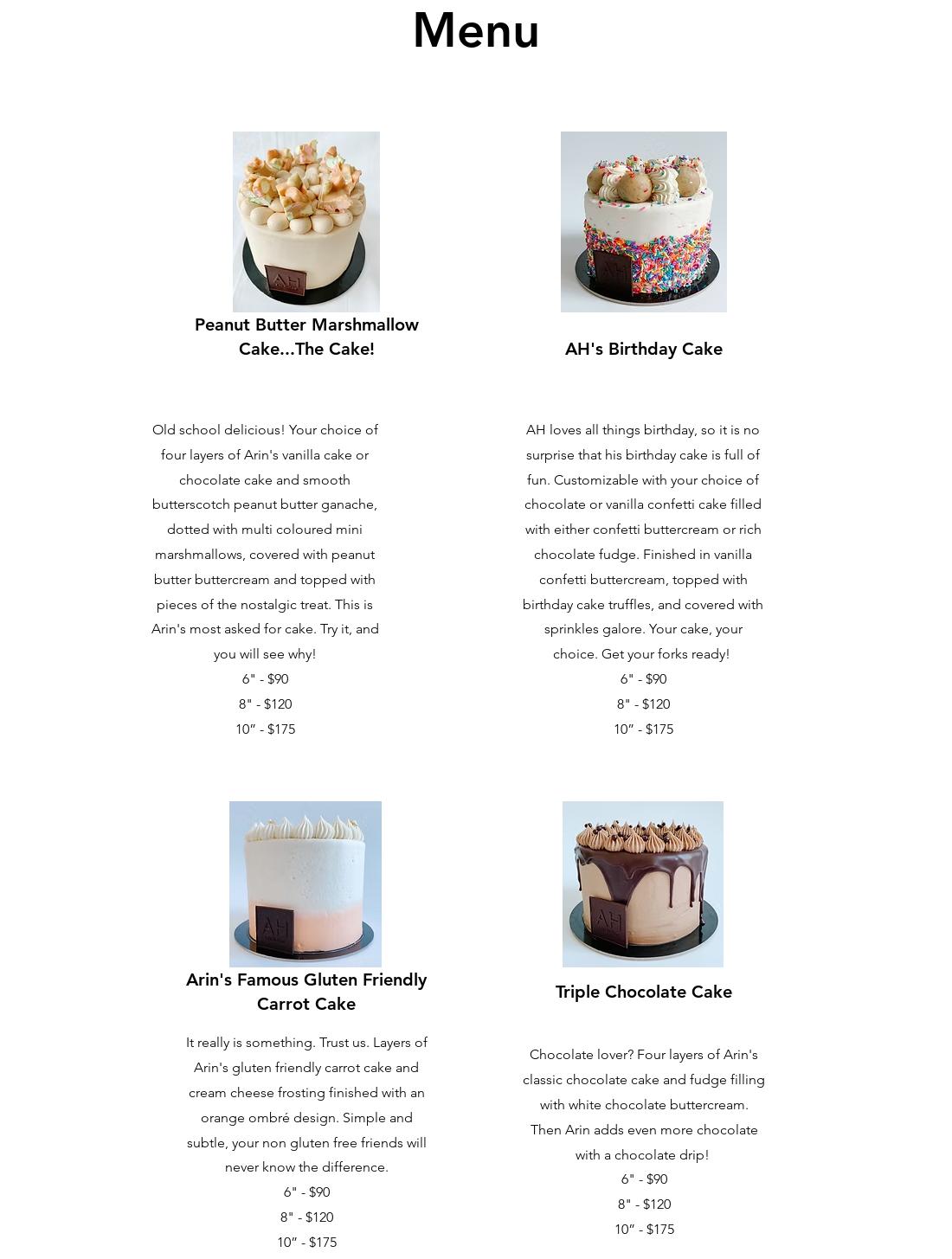 Arin Hiebert Company Menu