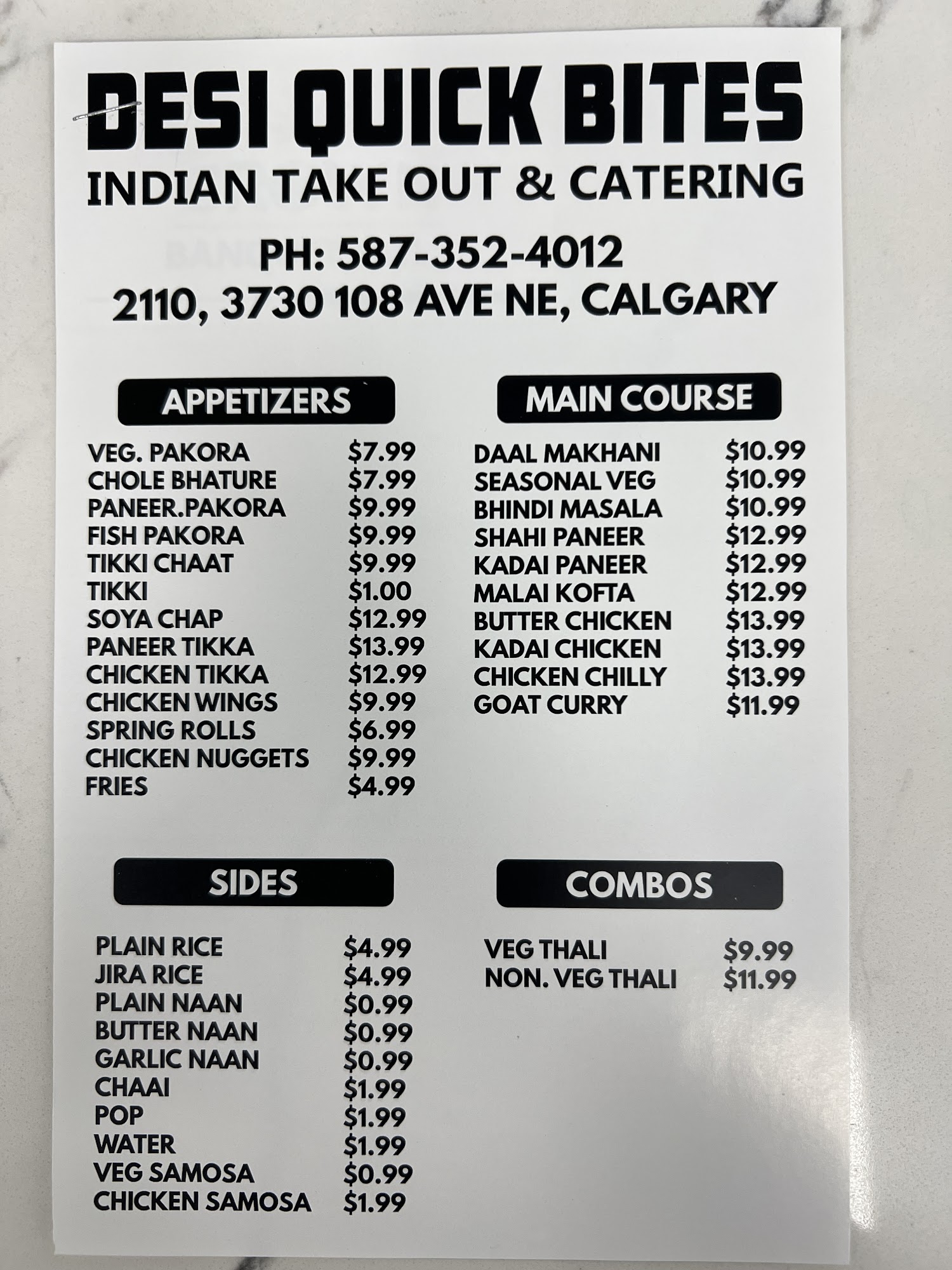 Desi Quick Bites Menu