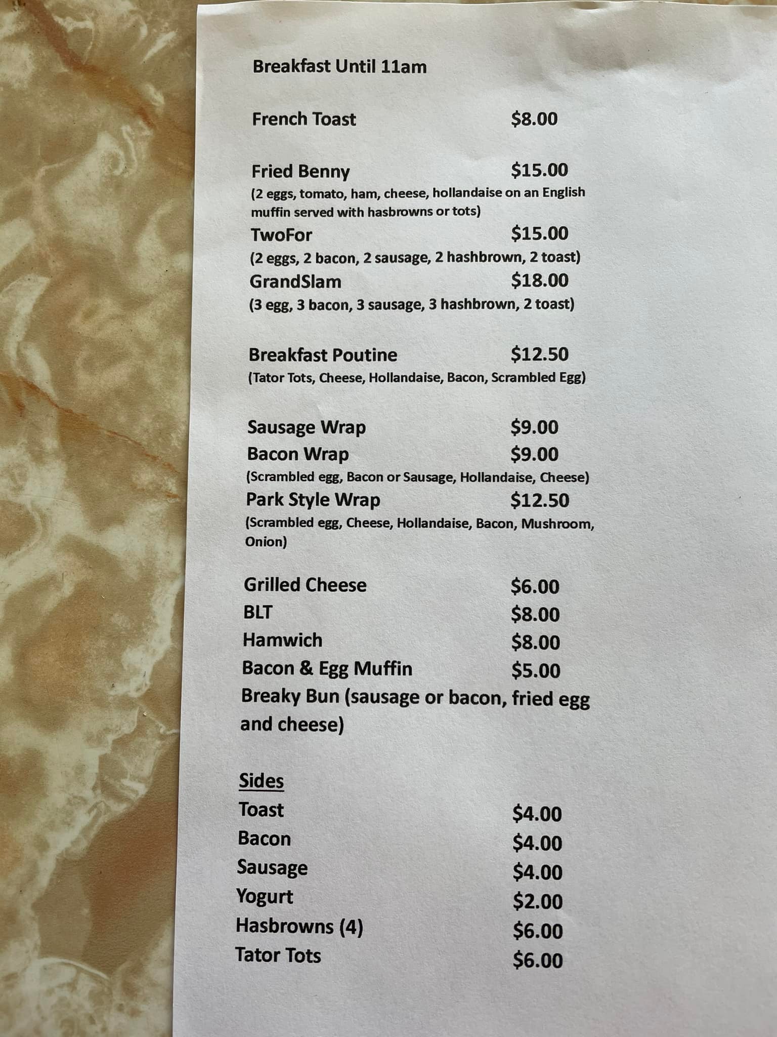 Lakeside Dugout Menu