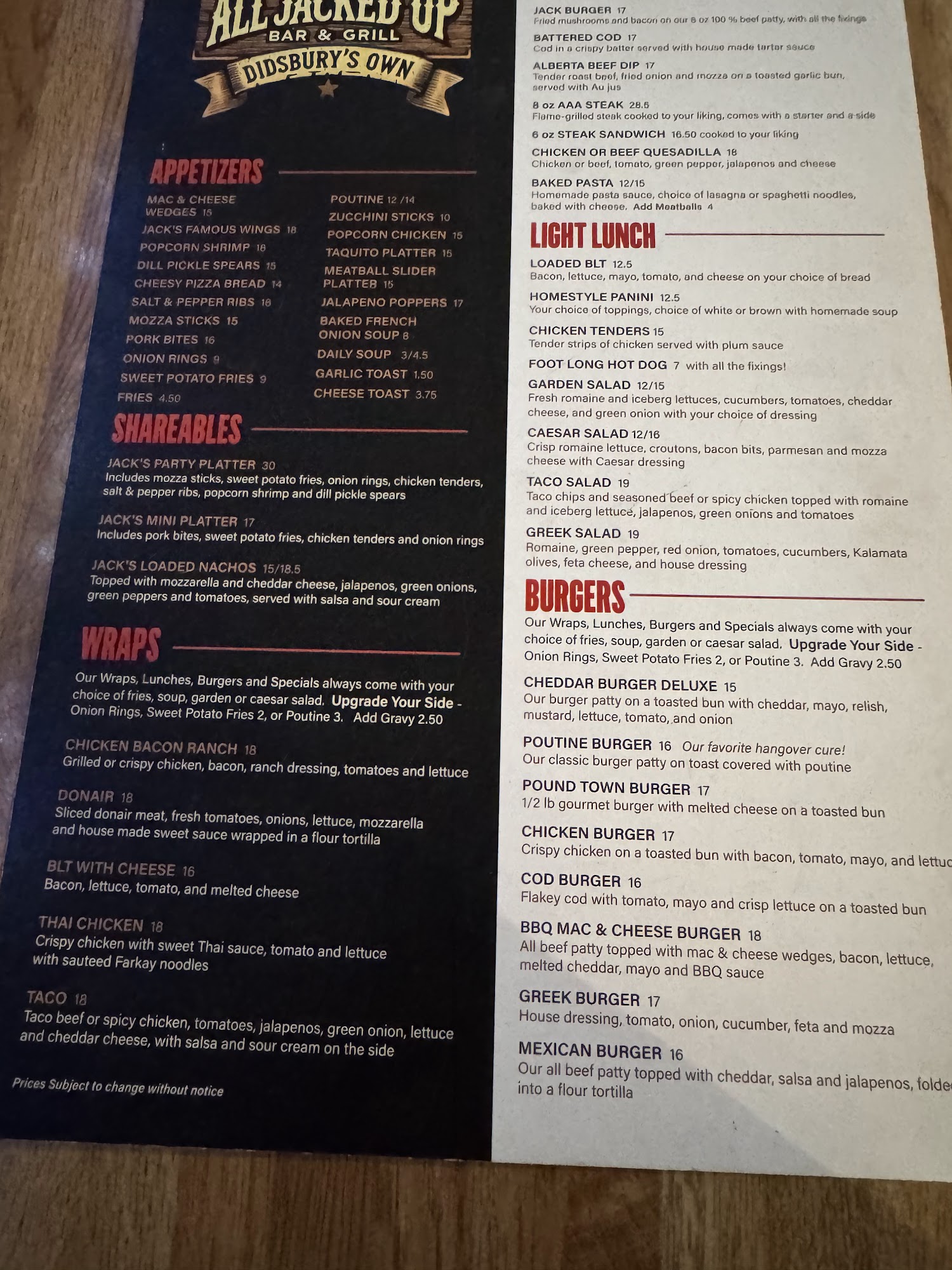 All Jacked Up Bar & Grill Menu