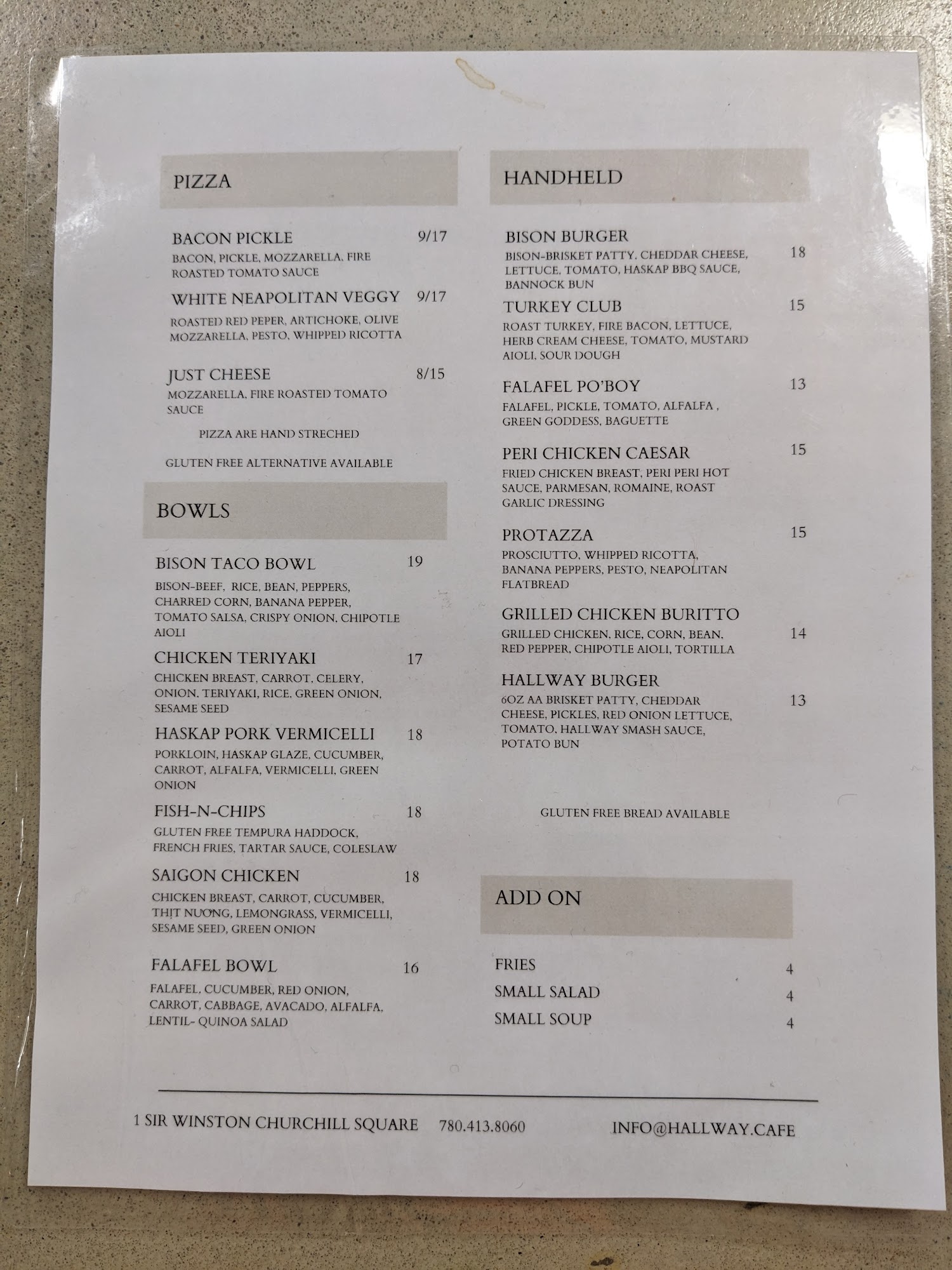 The Hallway Cafe Menu
