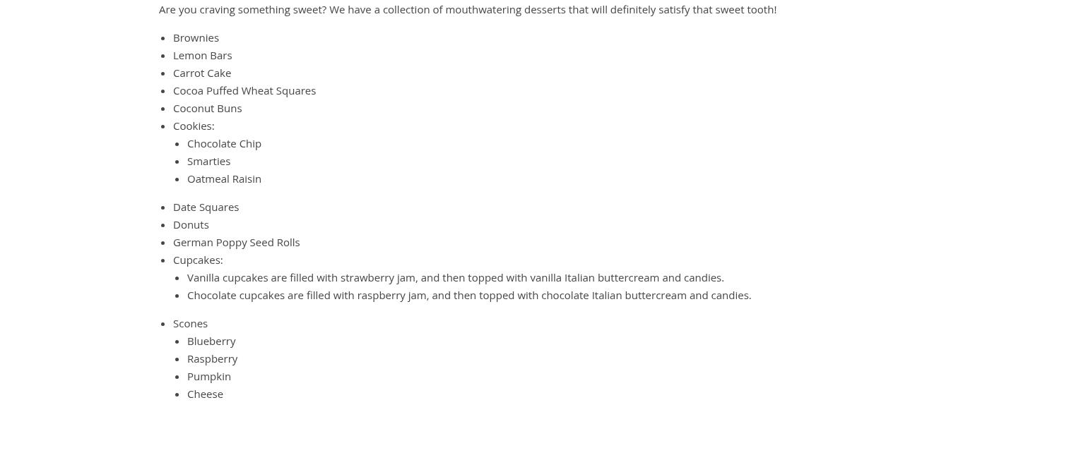 Hazeldean Bakery Menu