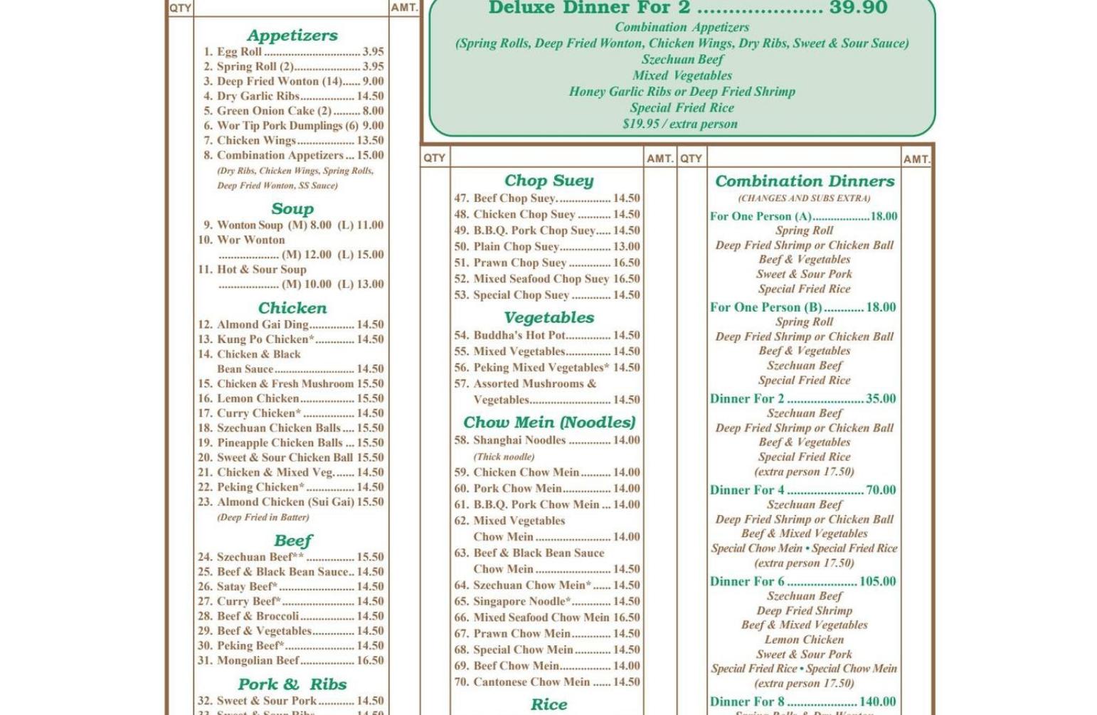 Clareview Chinese Restaurant Menu