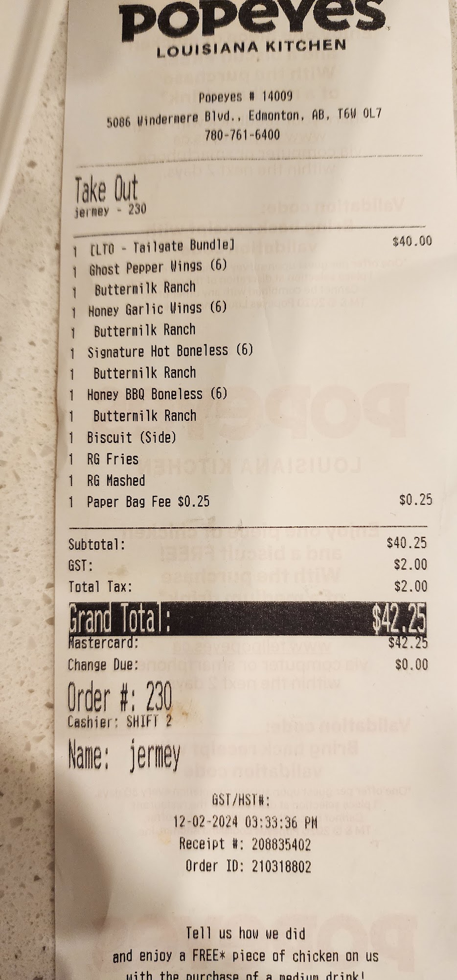 Popeyes Louisiana Kitchen Menu