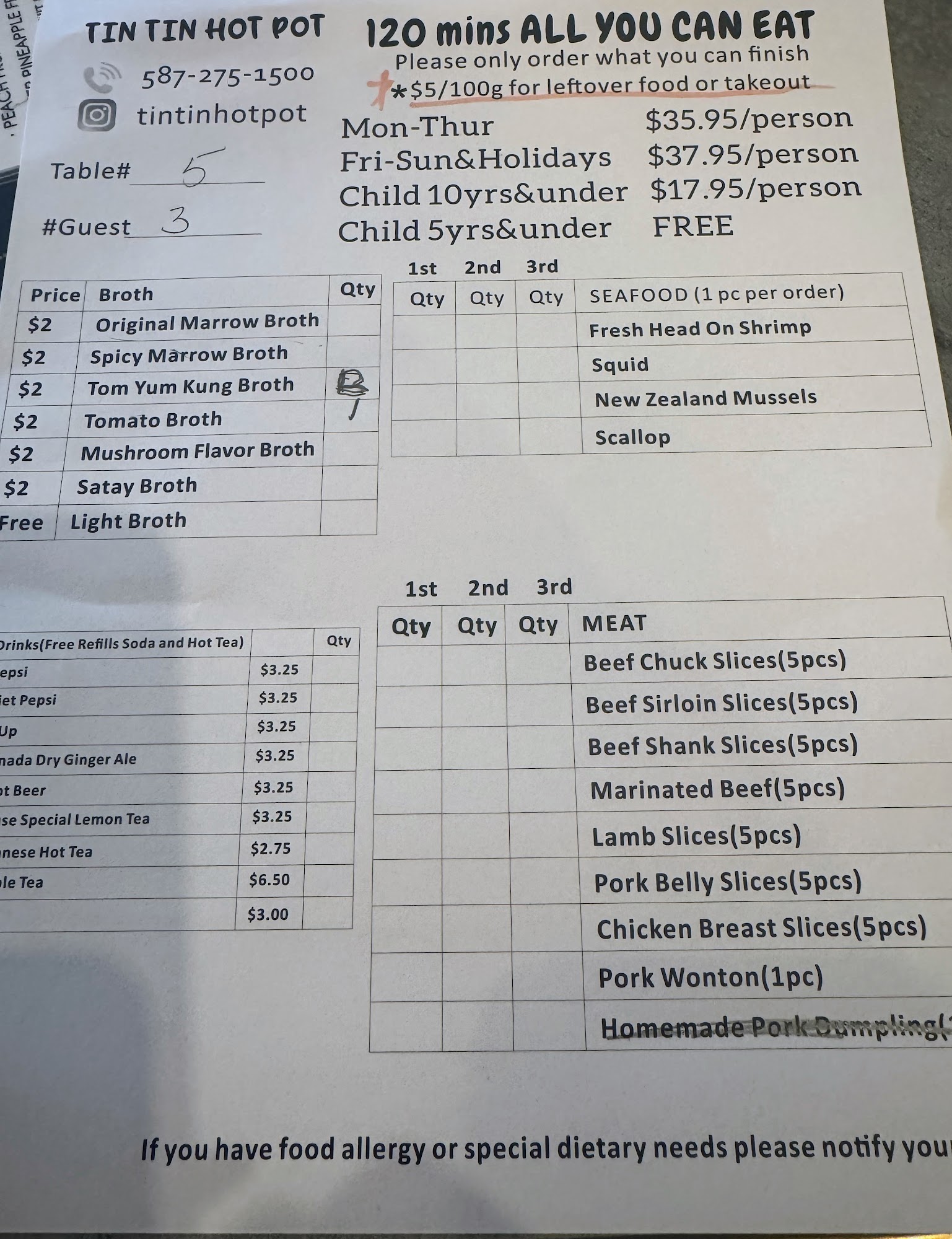 Tin Tin Hot Pot Menu