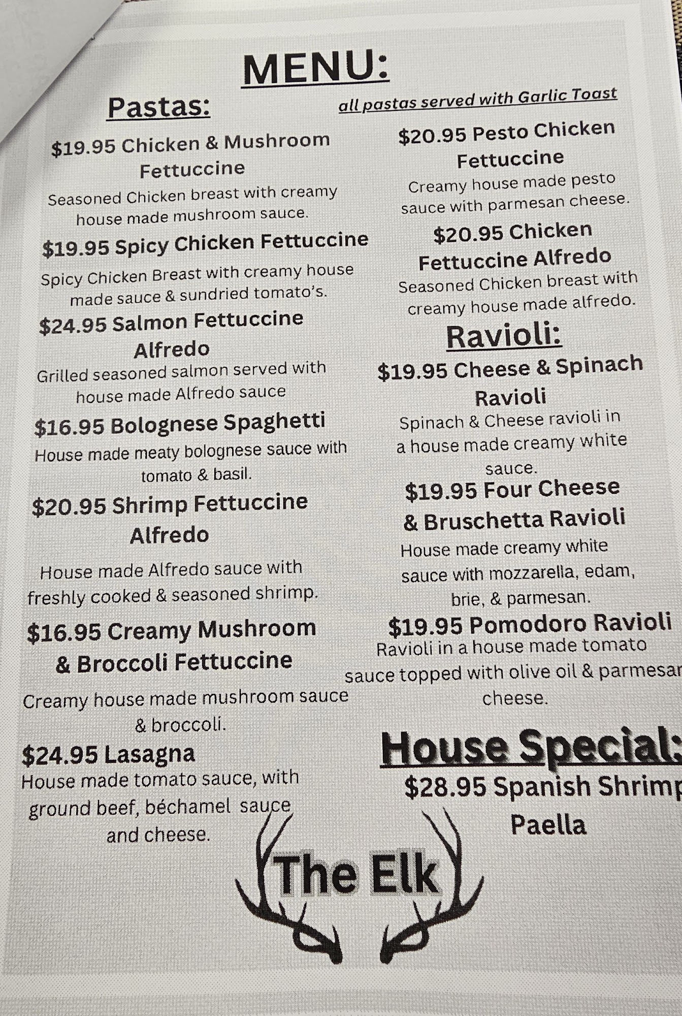 The Elk Menu