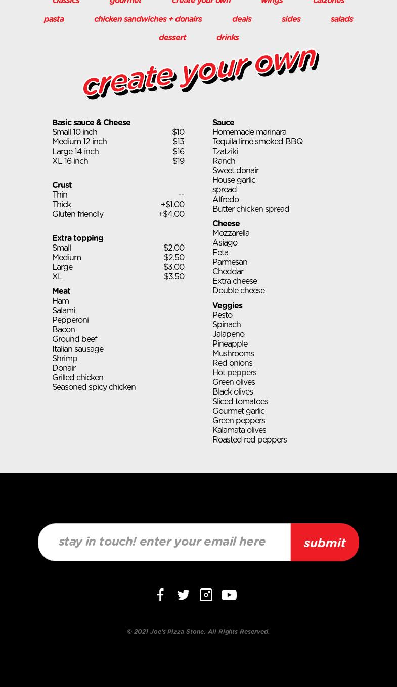 Joe's Pizza Stone Menu