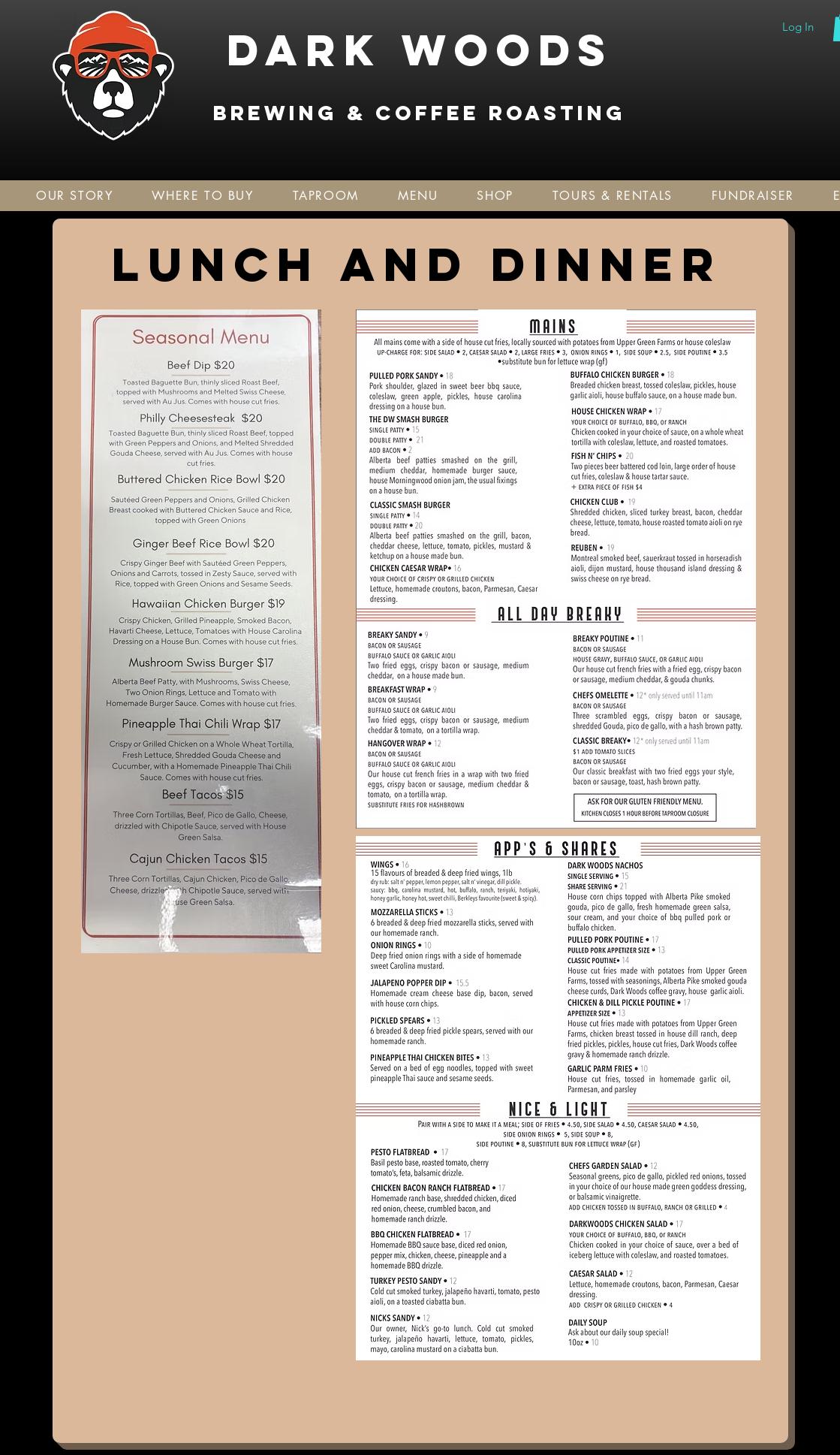 Dark Woods Brewpub and Coffee Roasting Menu