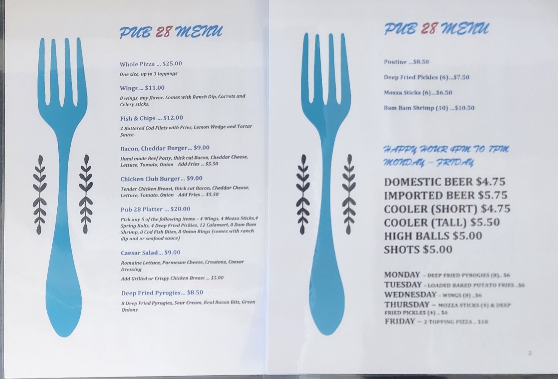 Pub 28 & Offsales Menu