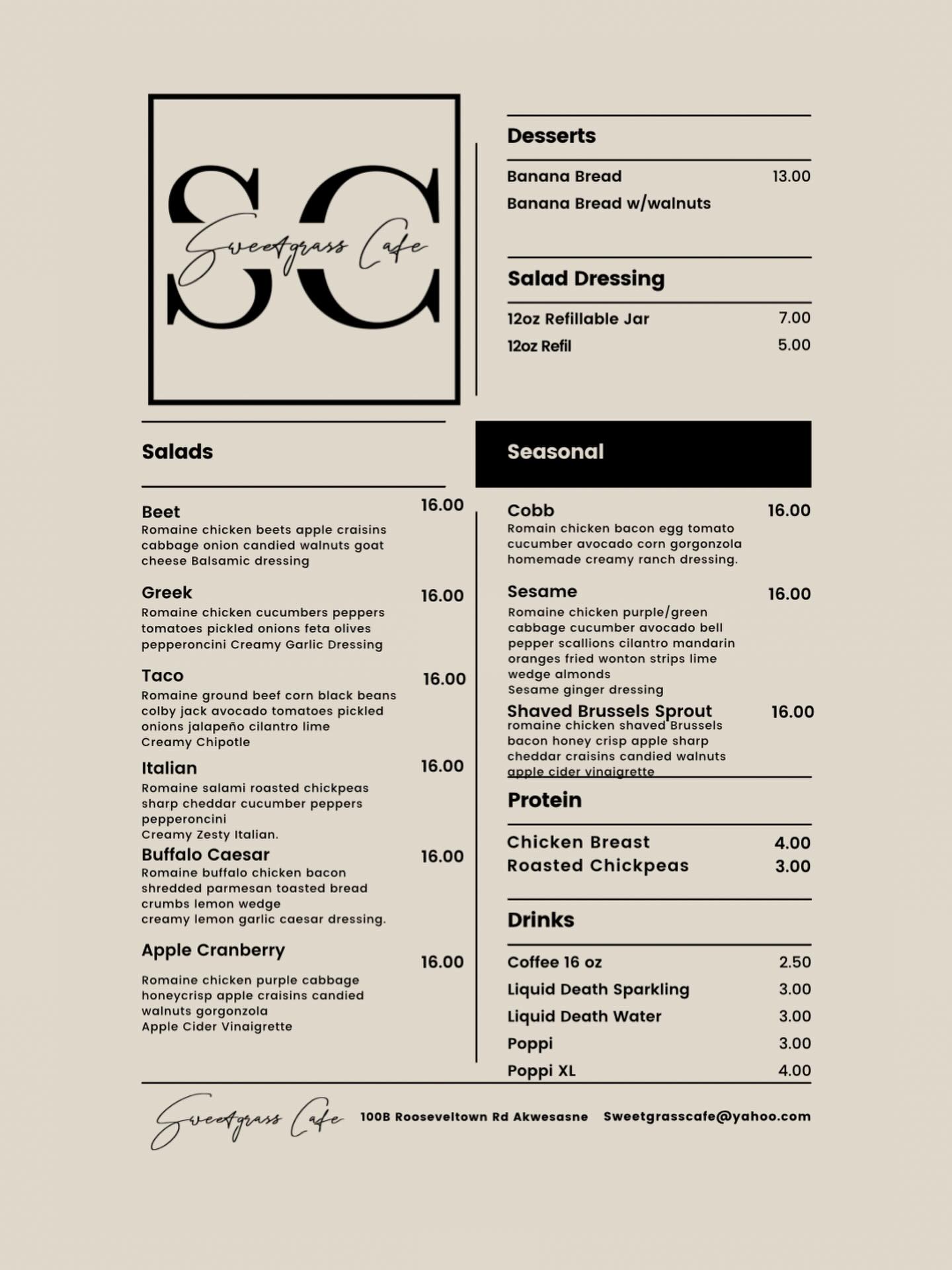 Sweetgrass Cafe Menu