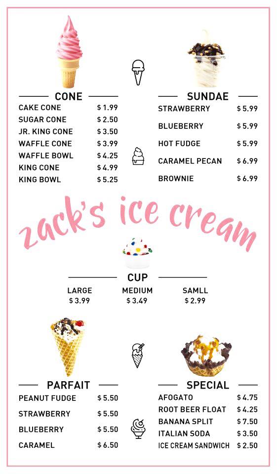 Zack's Famous Frozen Yogurt Menu