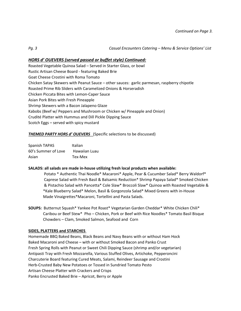 Casual Encounters Catering Menu