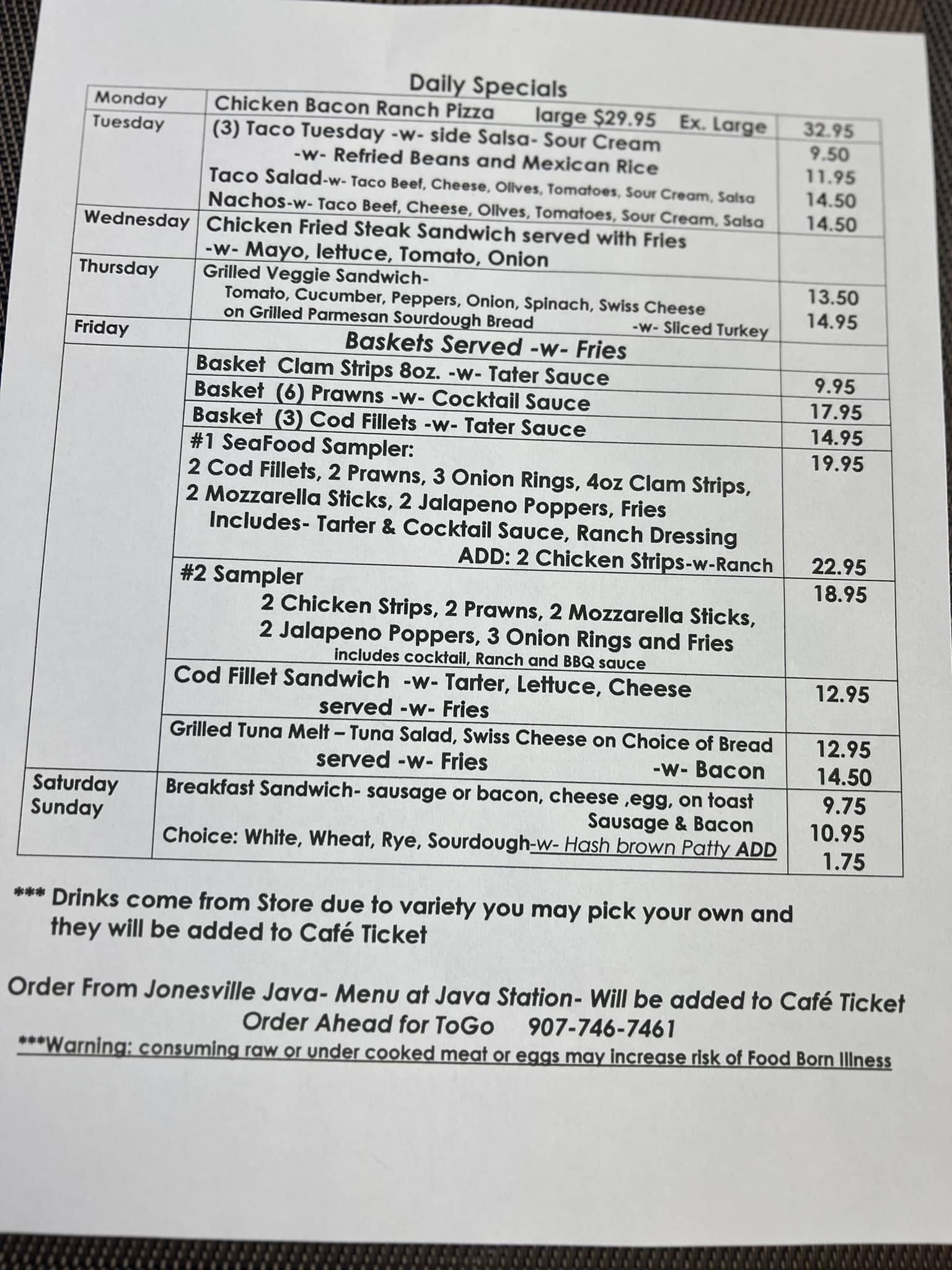 Sutton General Store & Jonesville Cafe & Java Menu