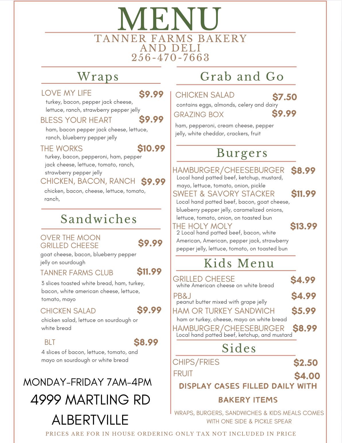 Tanner Farms Bakery and Deli Menu