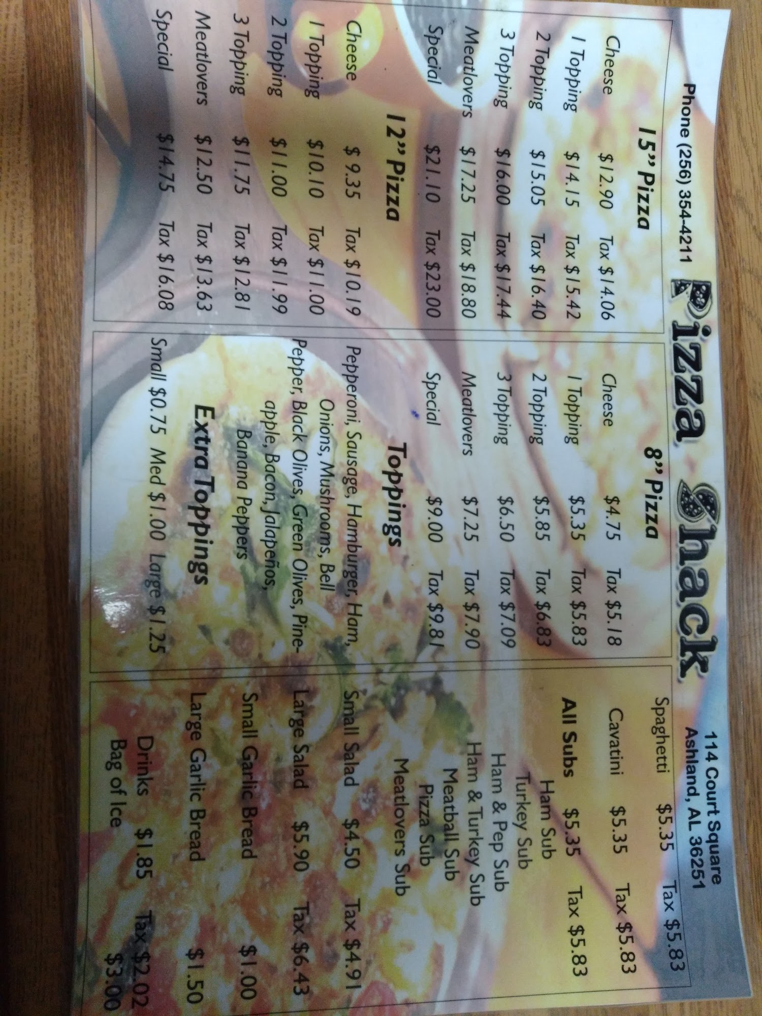 Pizza Shack Menu