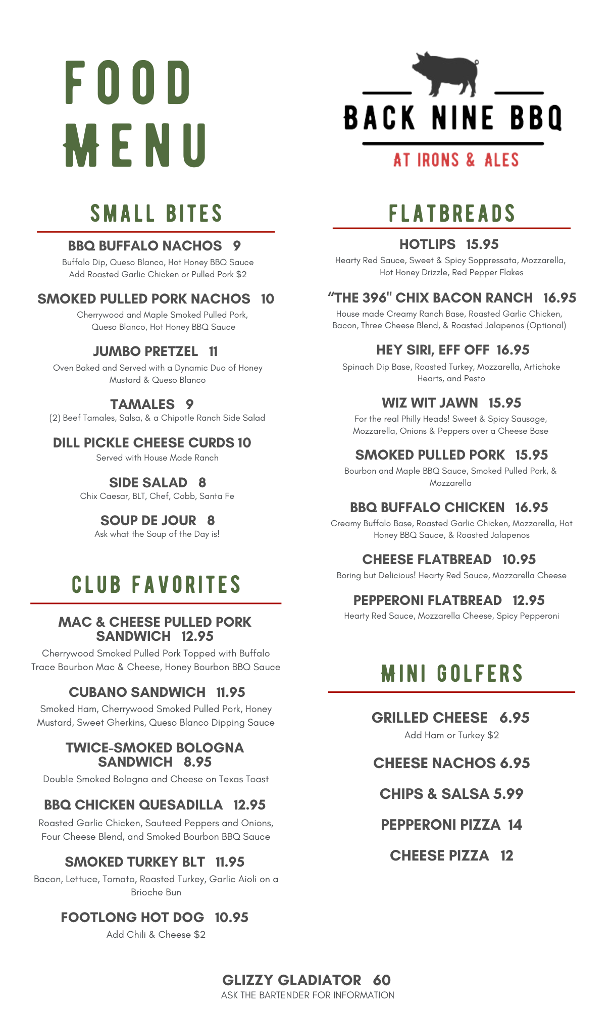 Irons & Ales Menu
