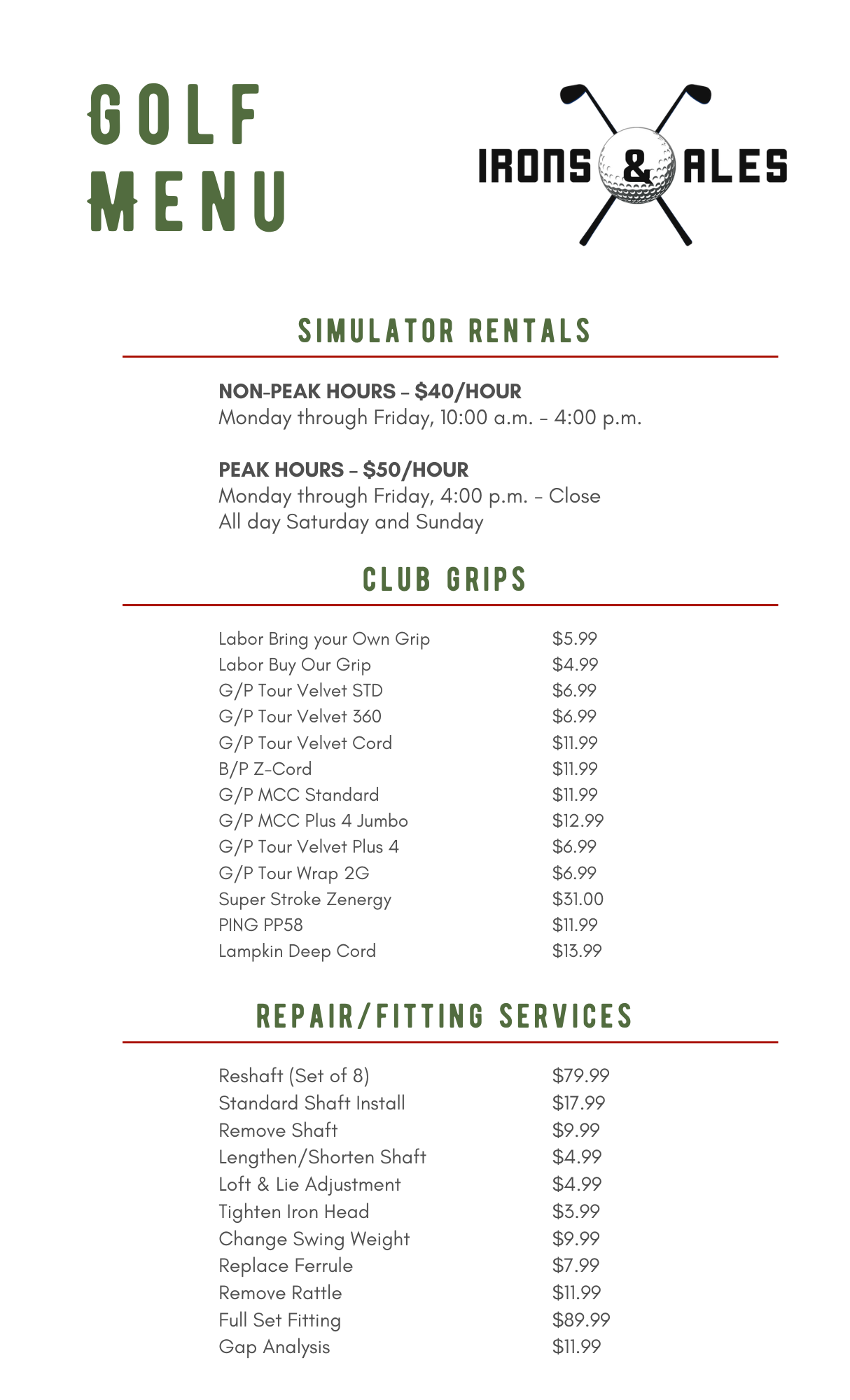 Irons & Ales Menu