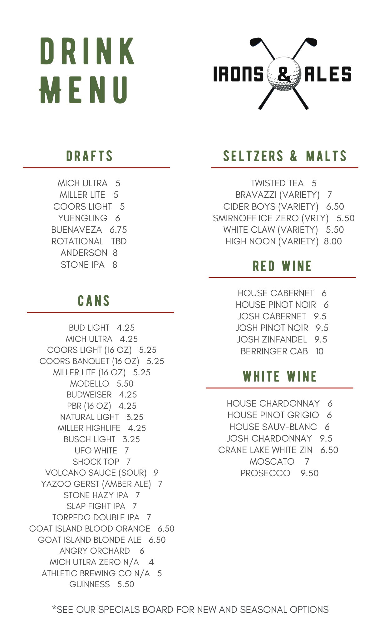 Irons & Ales Menu