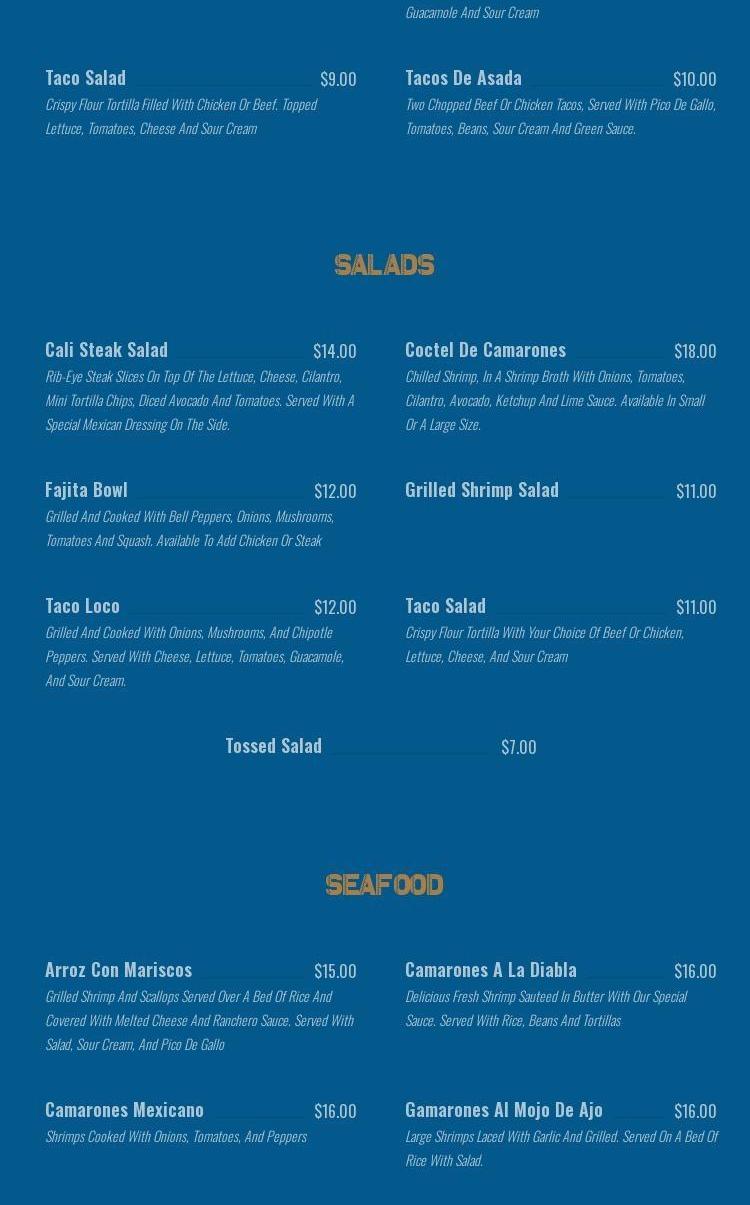 Tekila Mexican Bar And Grill Auburn Menu