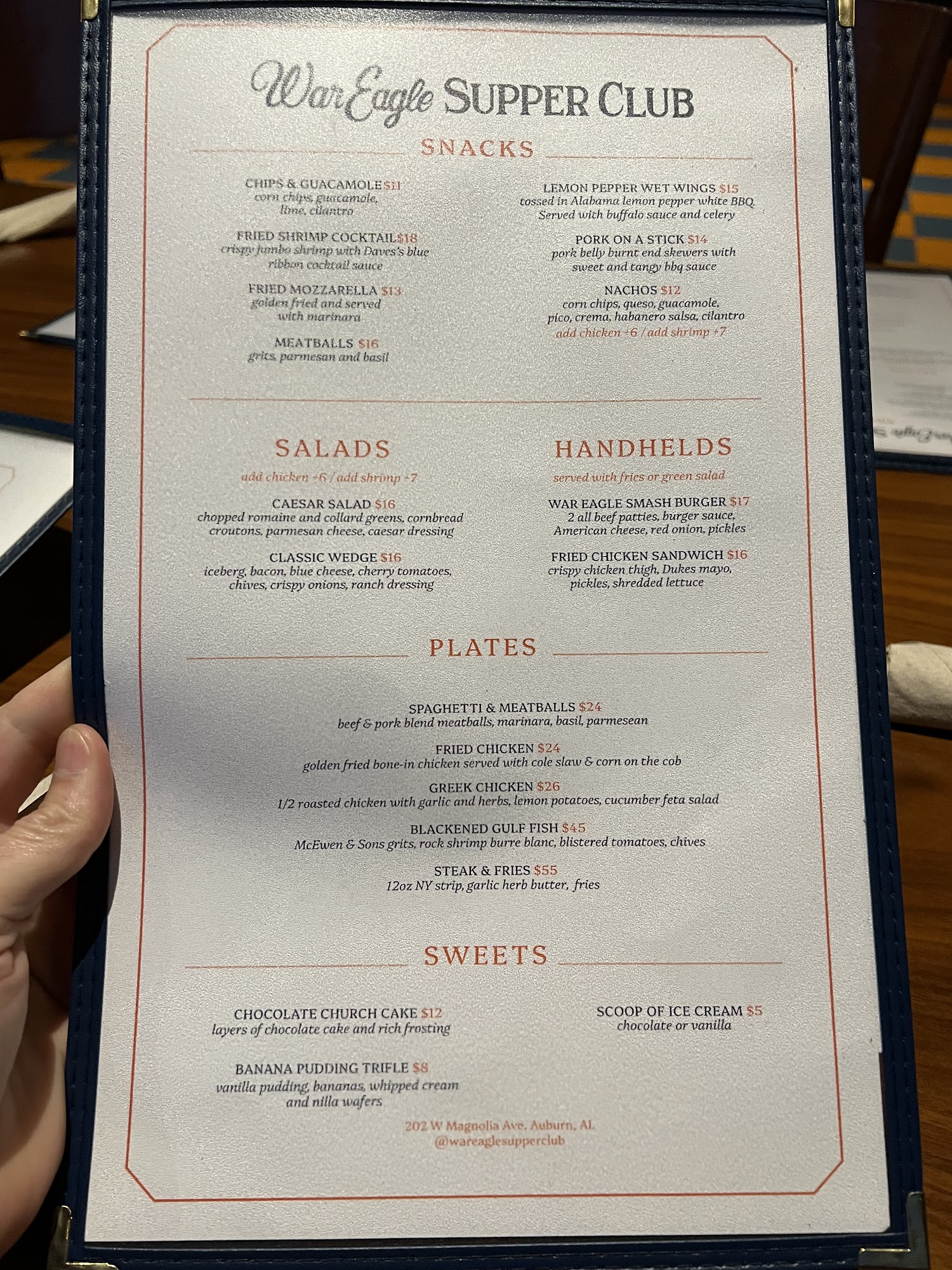War Eagle Supper Club Menu