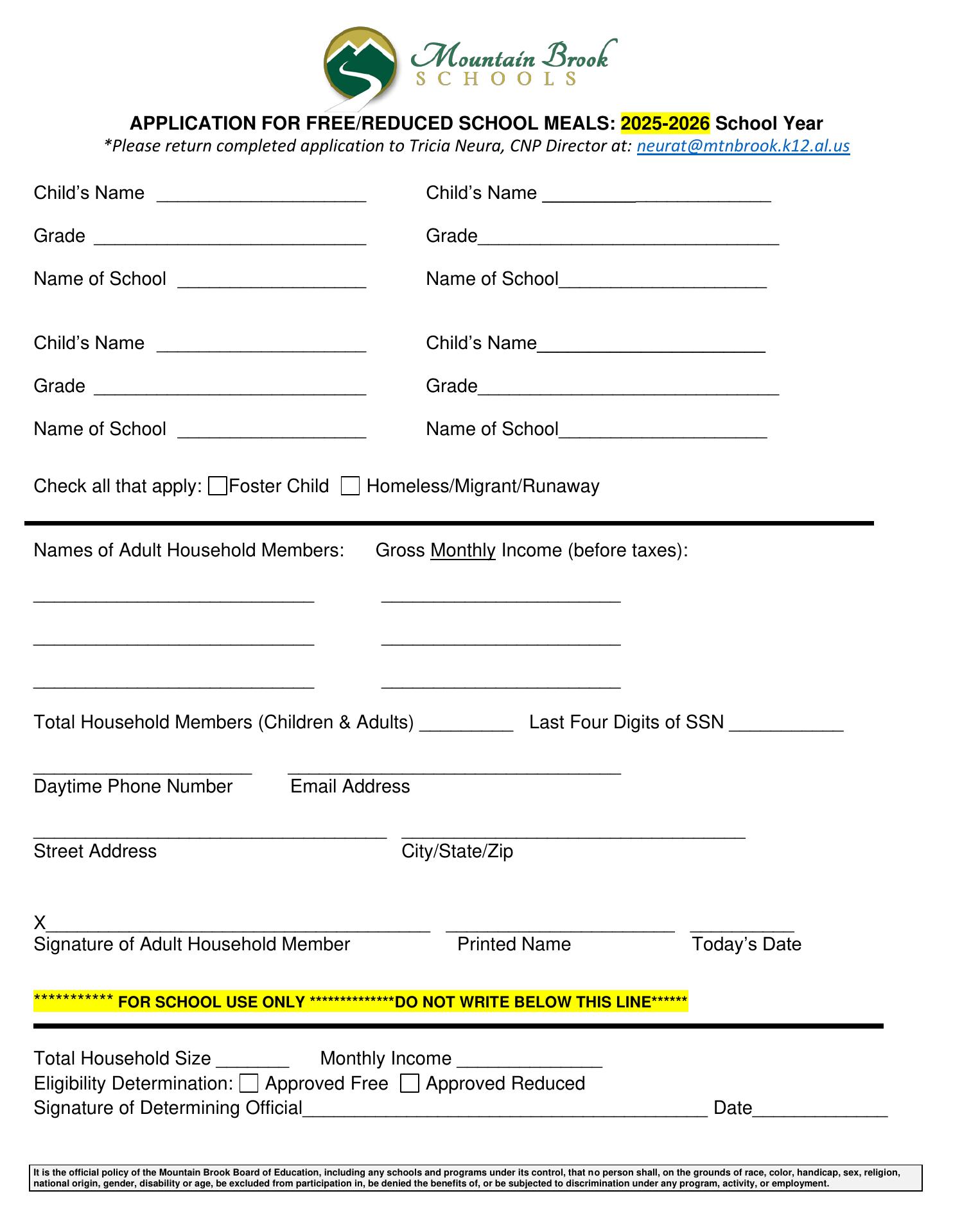 Brookwood Forest Elementary Menu