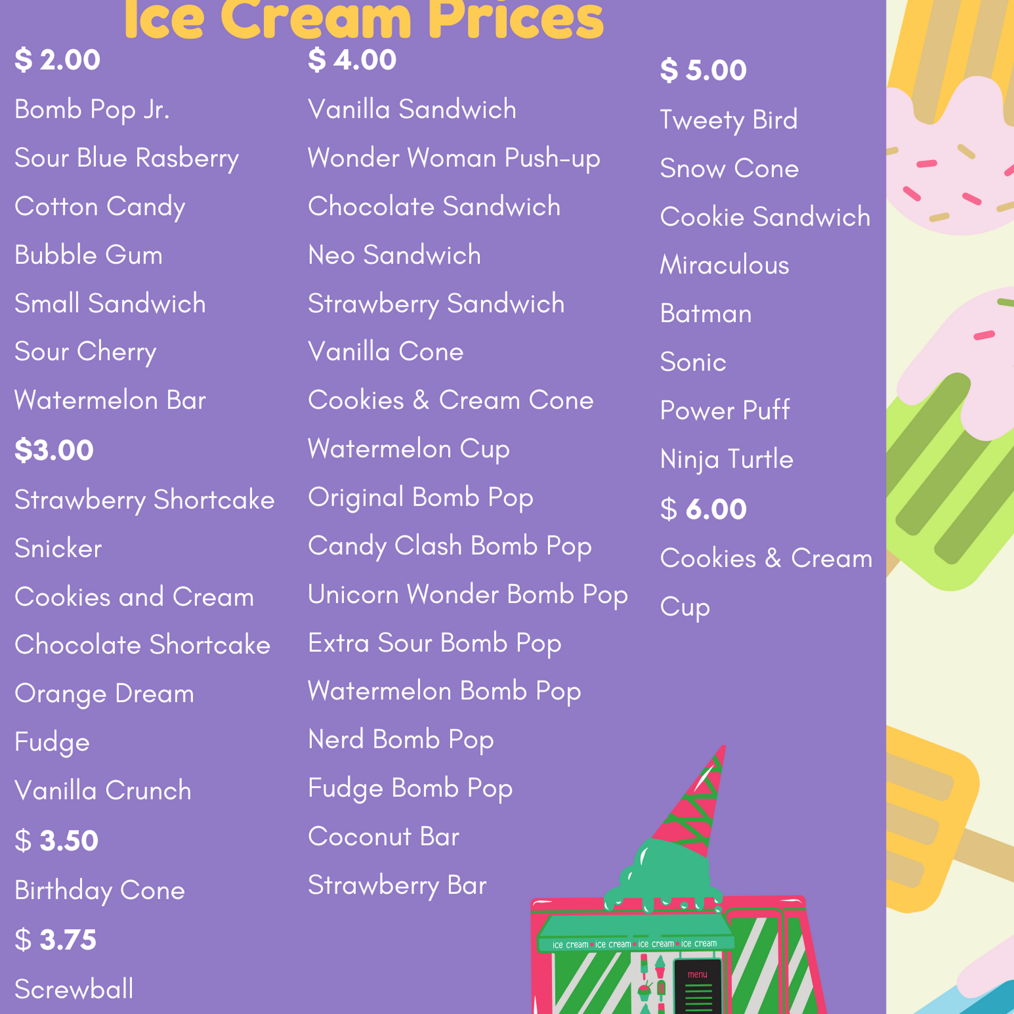 Mario's Ice Cream Menu