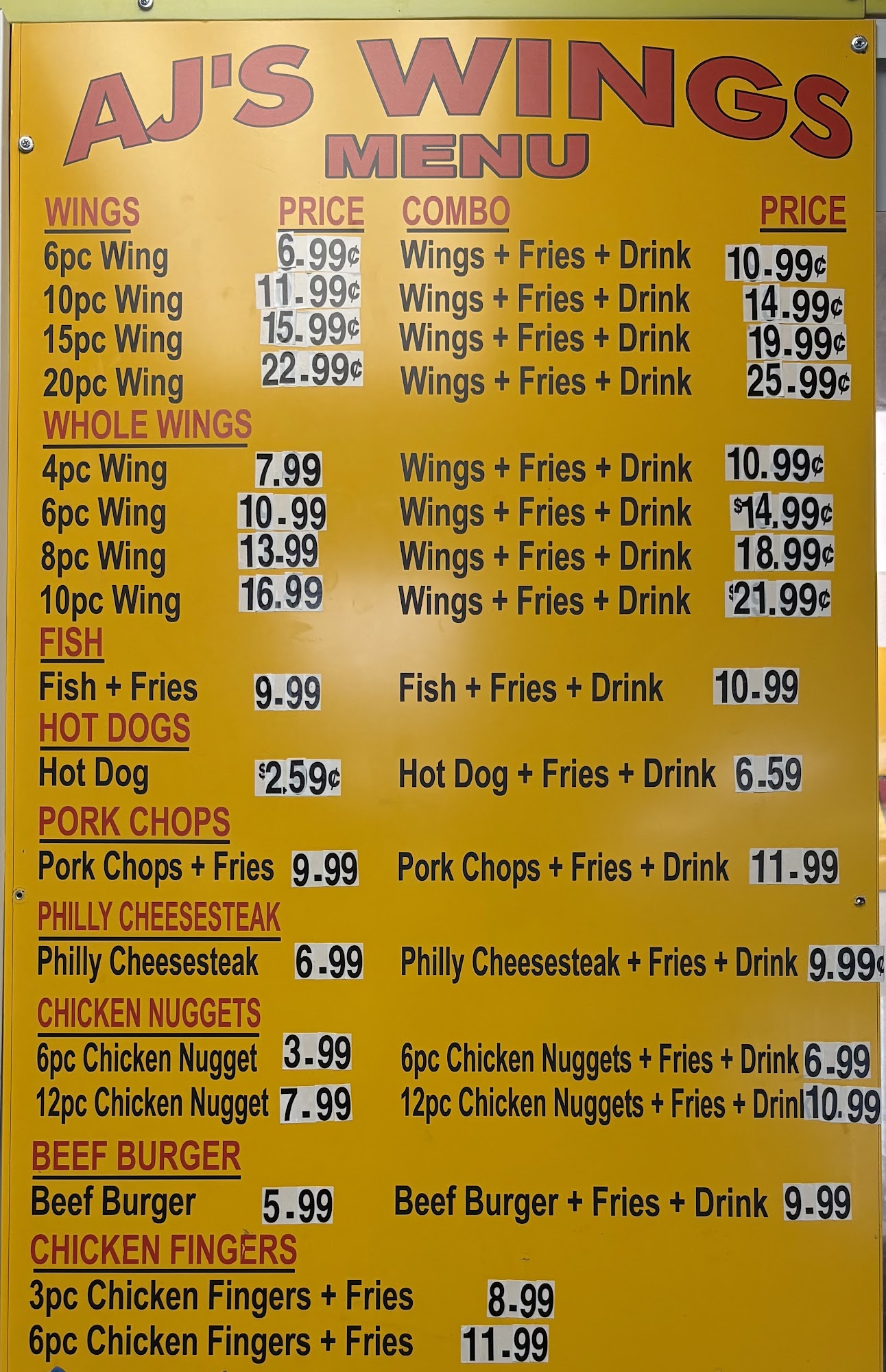 Aj's wings Menu