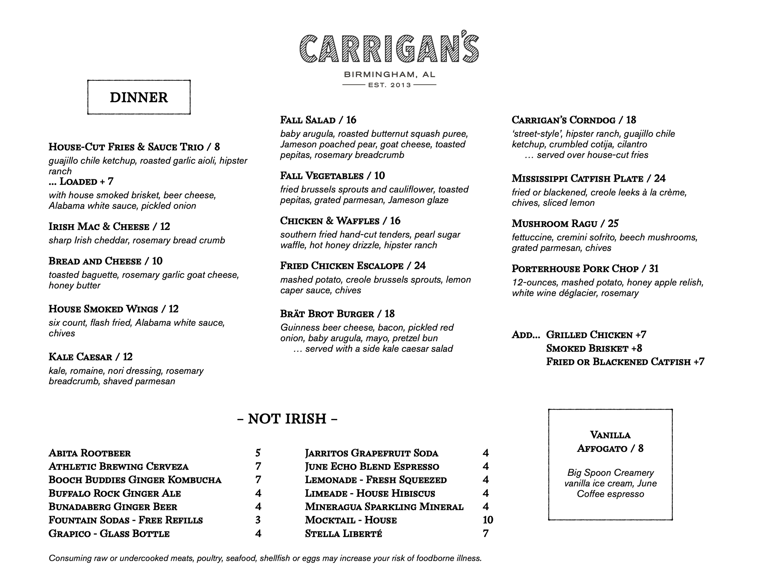 Carrigan's Public House Menu