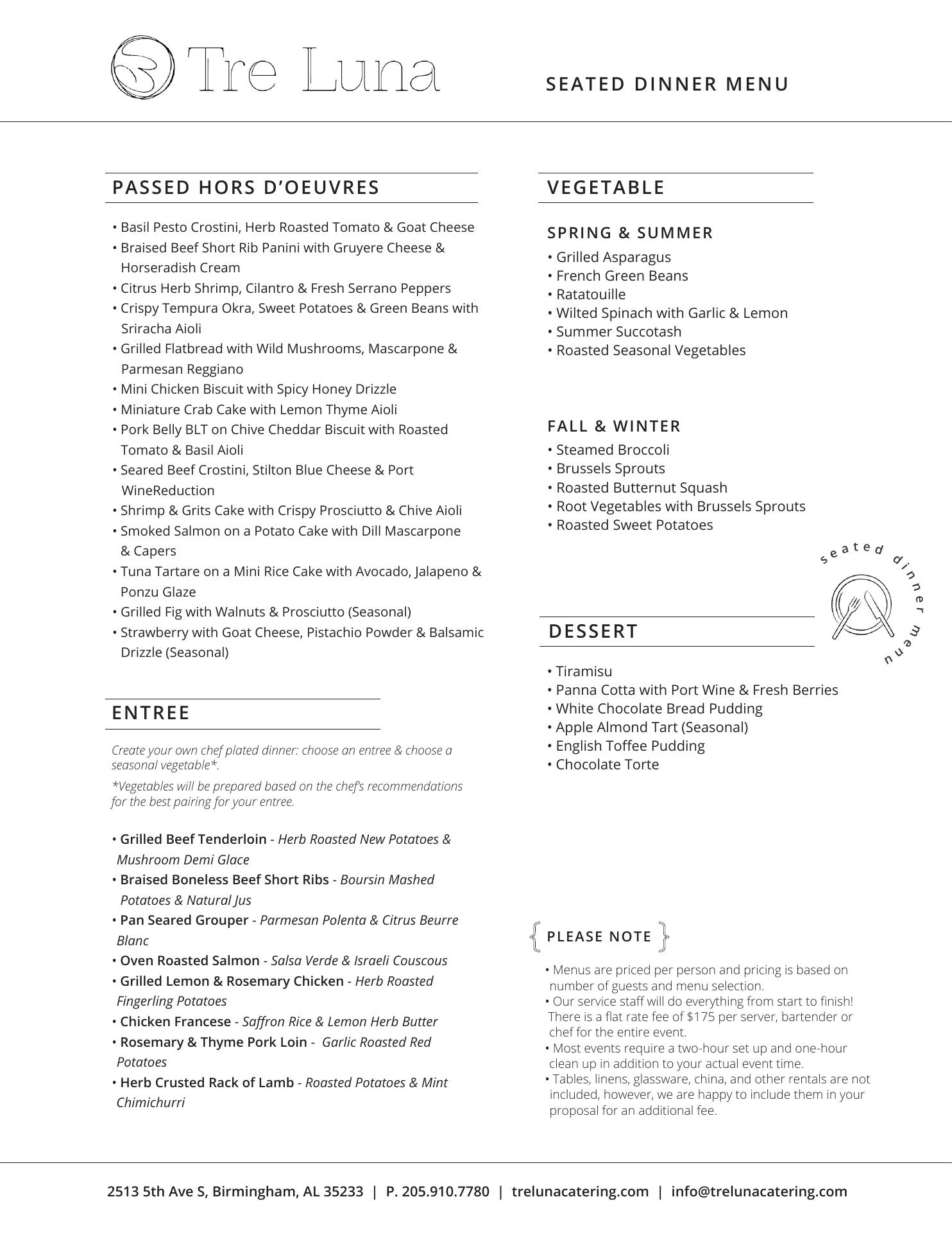 Tre Luna Catering Menu