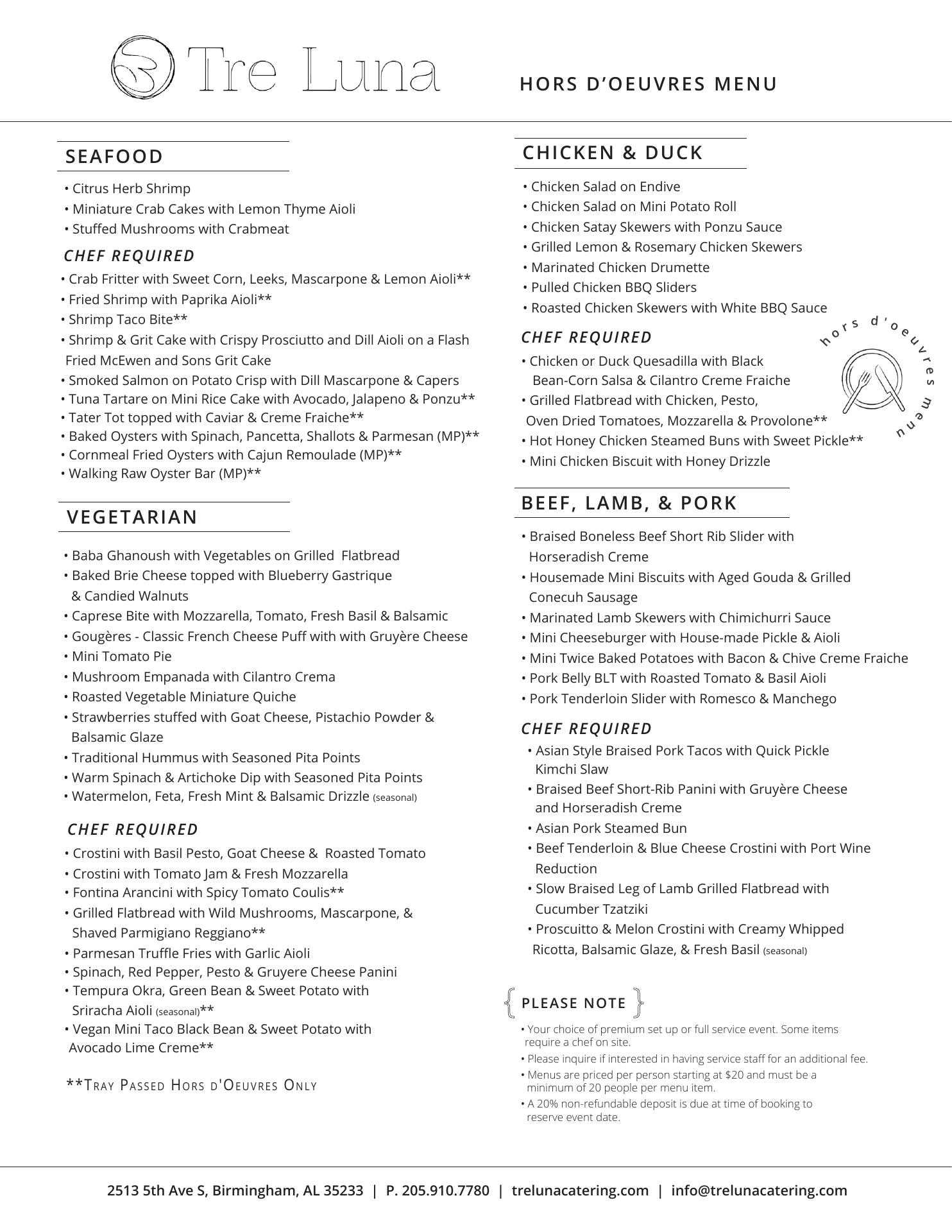 Tre Luna Catering Menu
