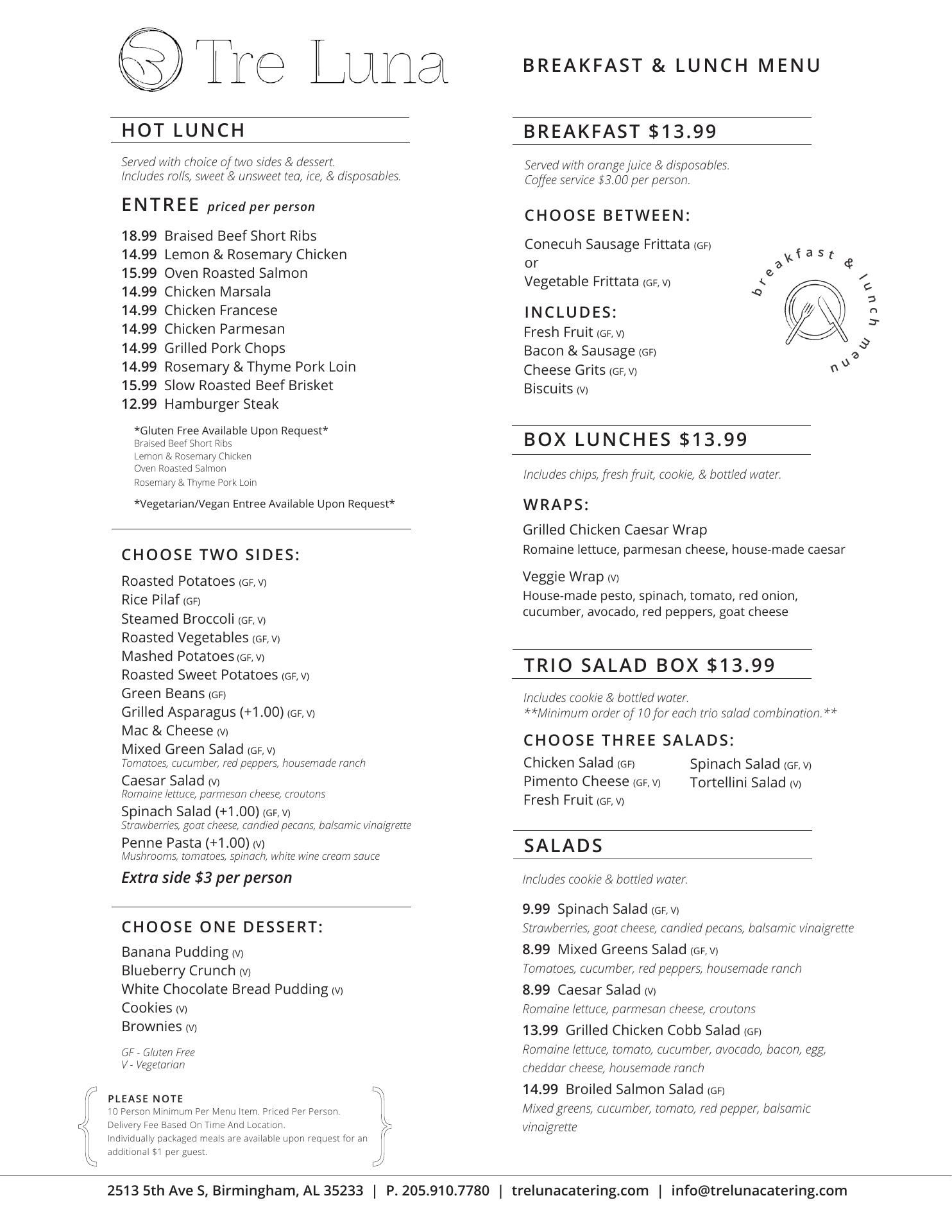 Tre Luna Catering Menu