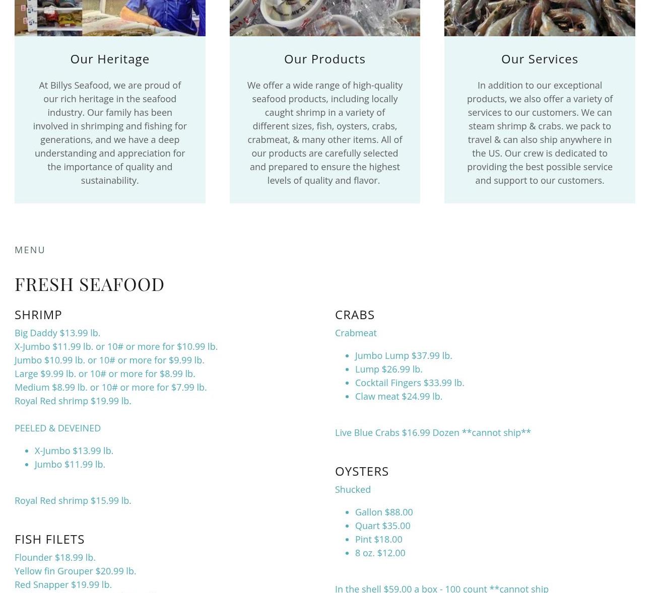 Billy's Seafood Menu