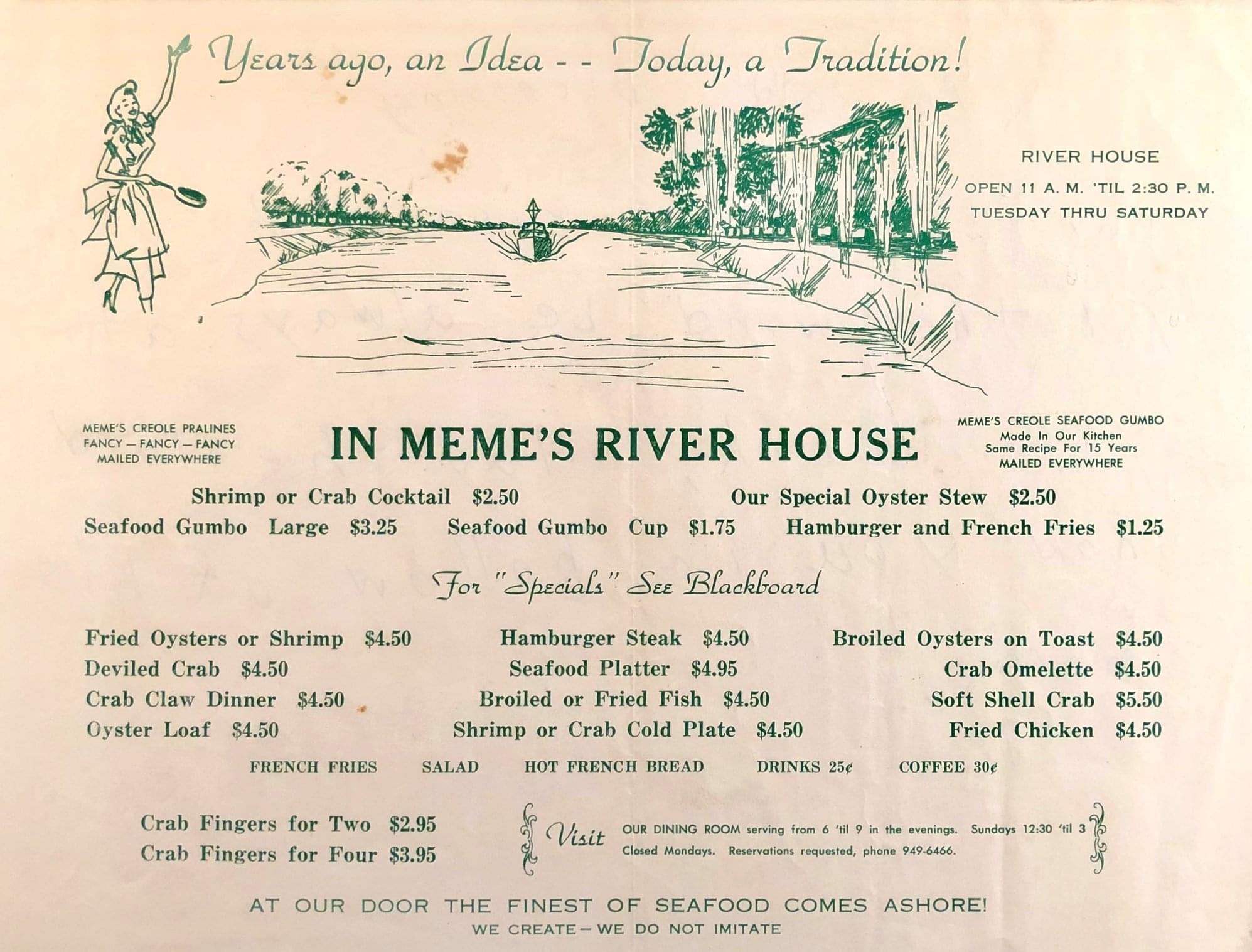Meme’s River House Restaurant Site (Historic, Closed) Menu