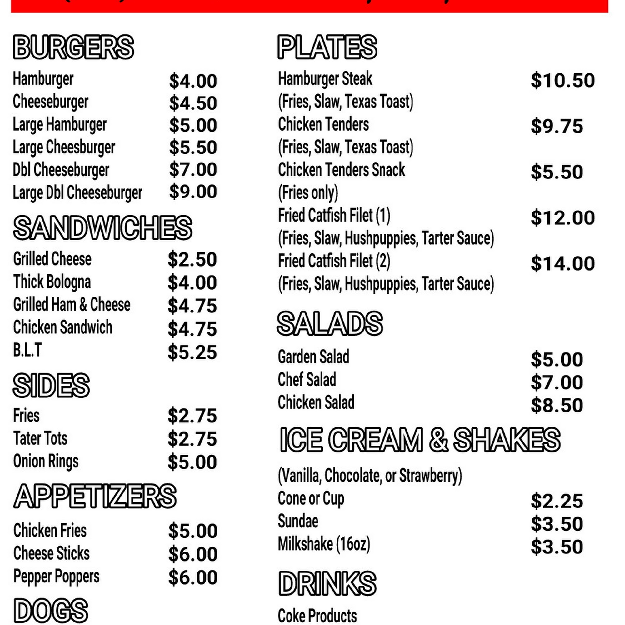 TD's Grill & Dairy Bar Menu