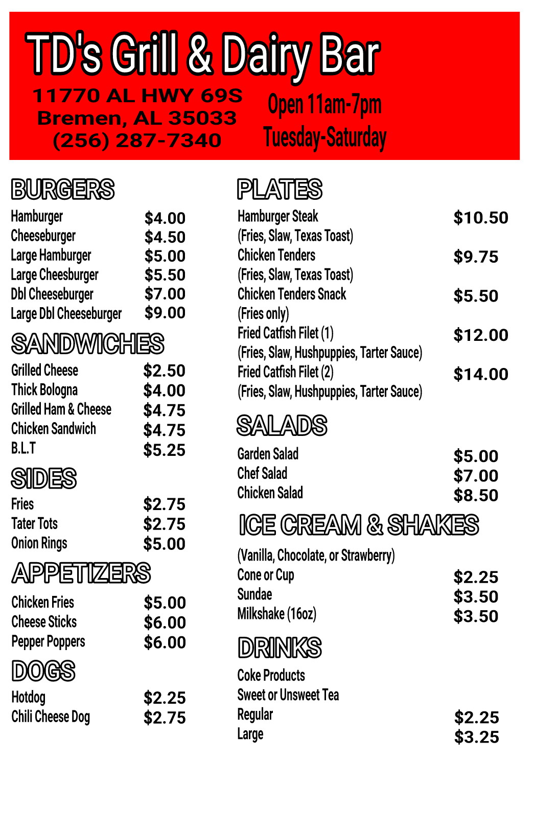 TD's Grill & Dairy Bar Menu
