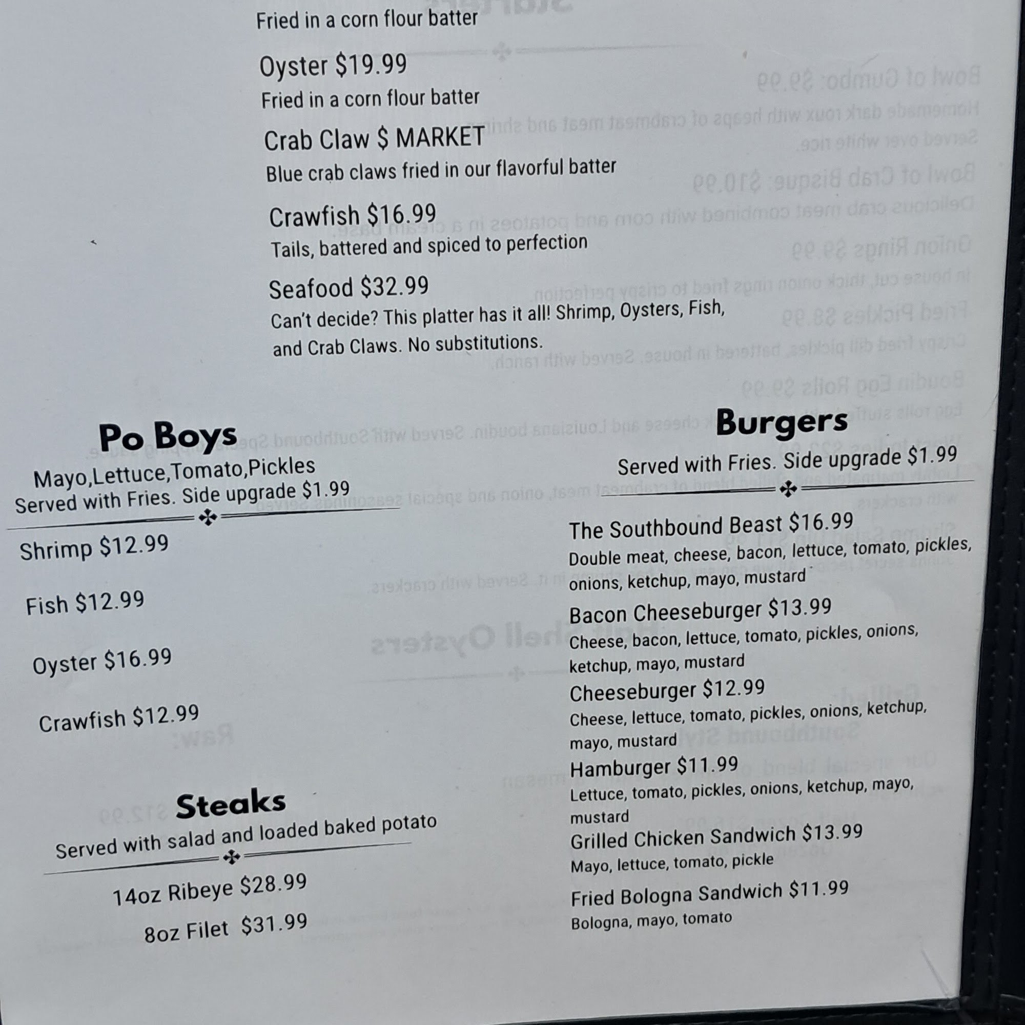Southbound Restaurant and Bar Menu