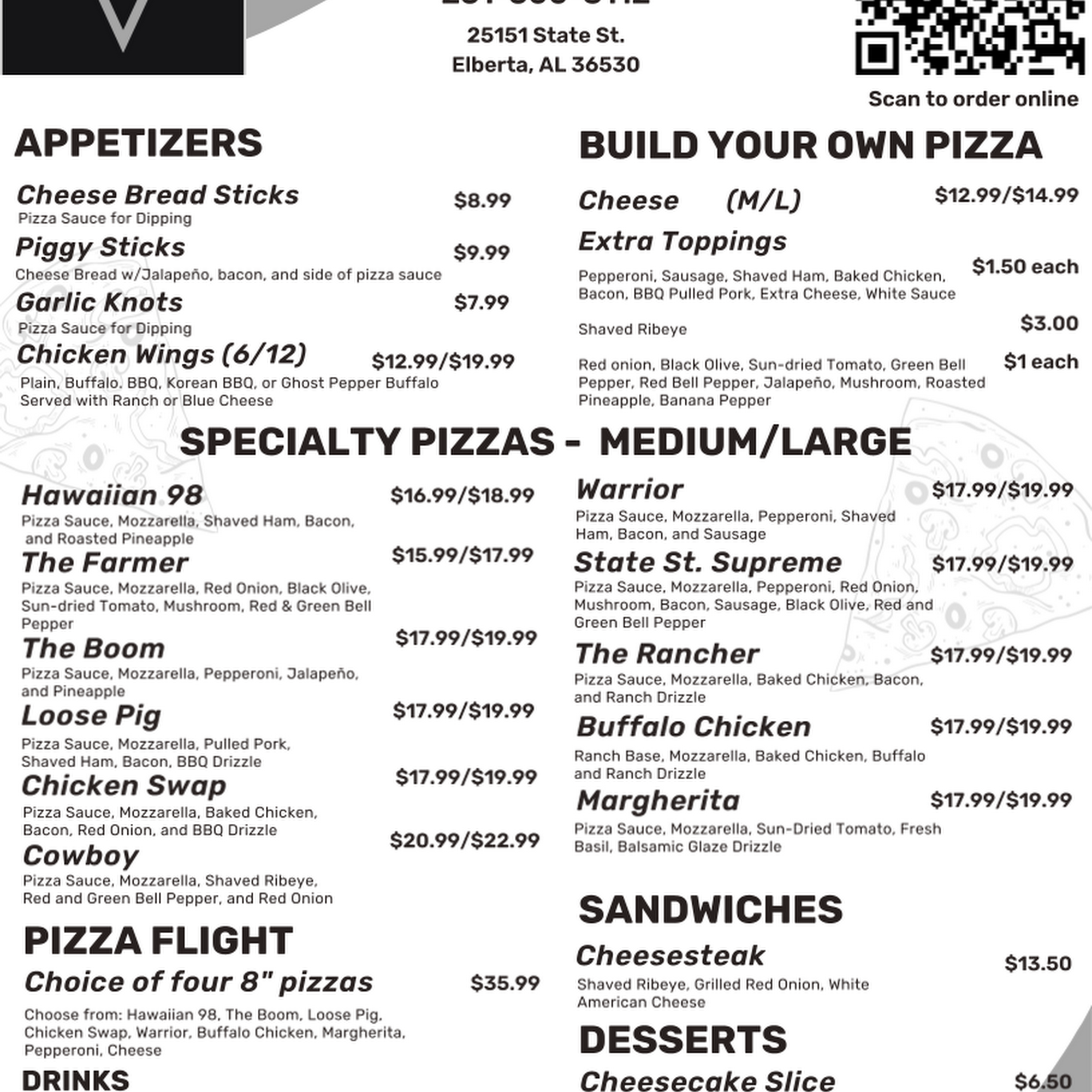 Elberta Pizza Menu