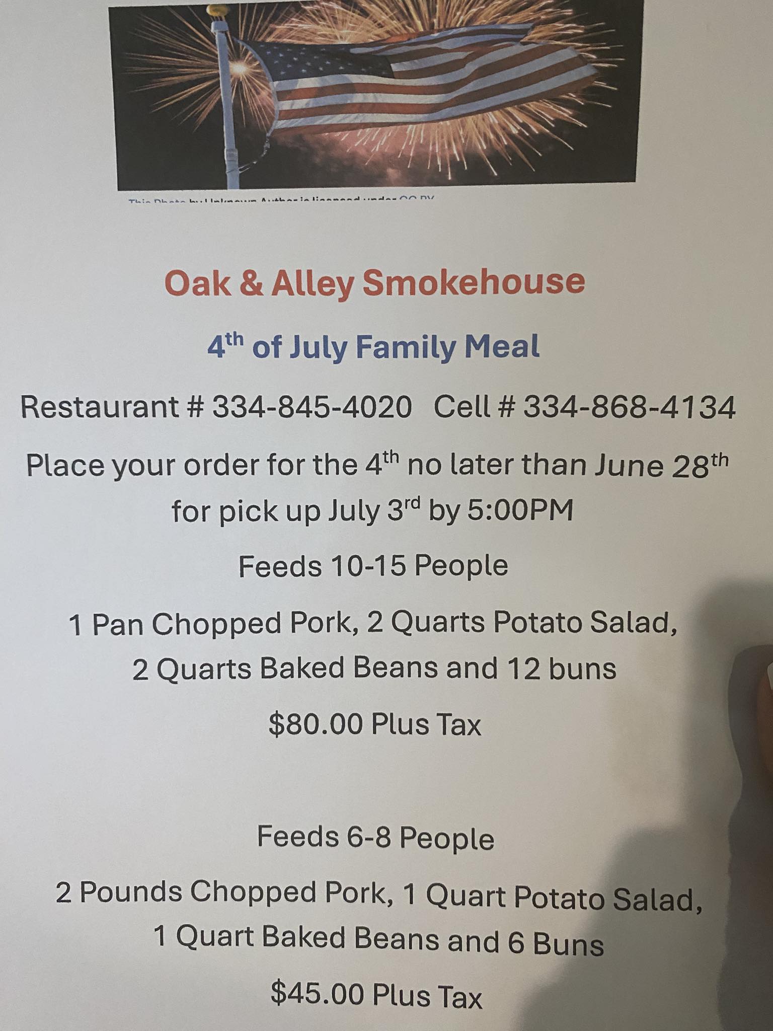 Oak & Alley Smoke House LLC Menu