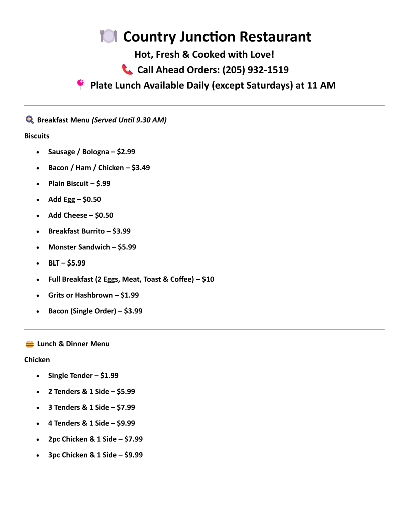 Country Junction Steak & Seafood Menu