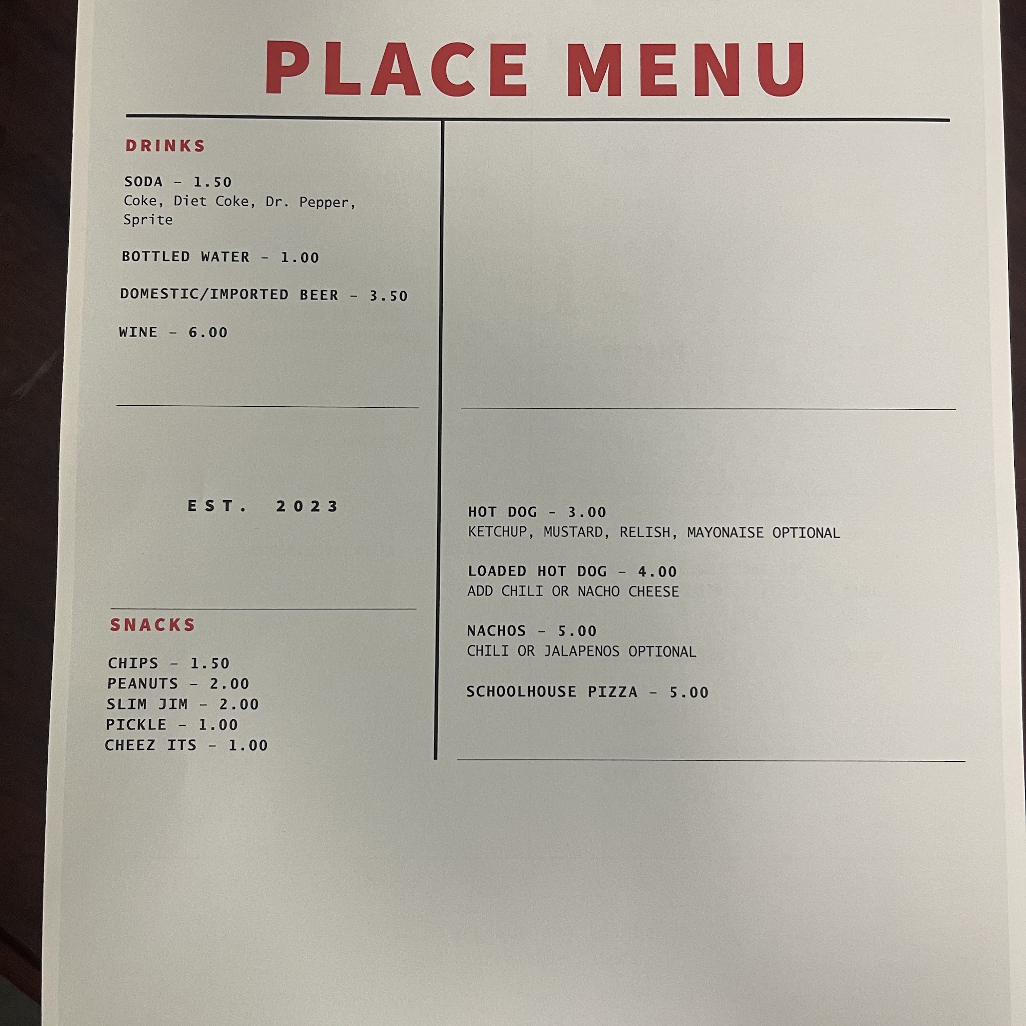 Caledonia's Place Menu