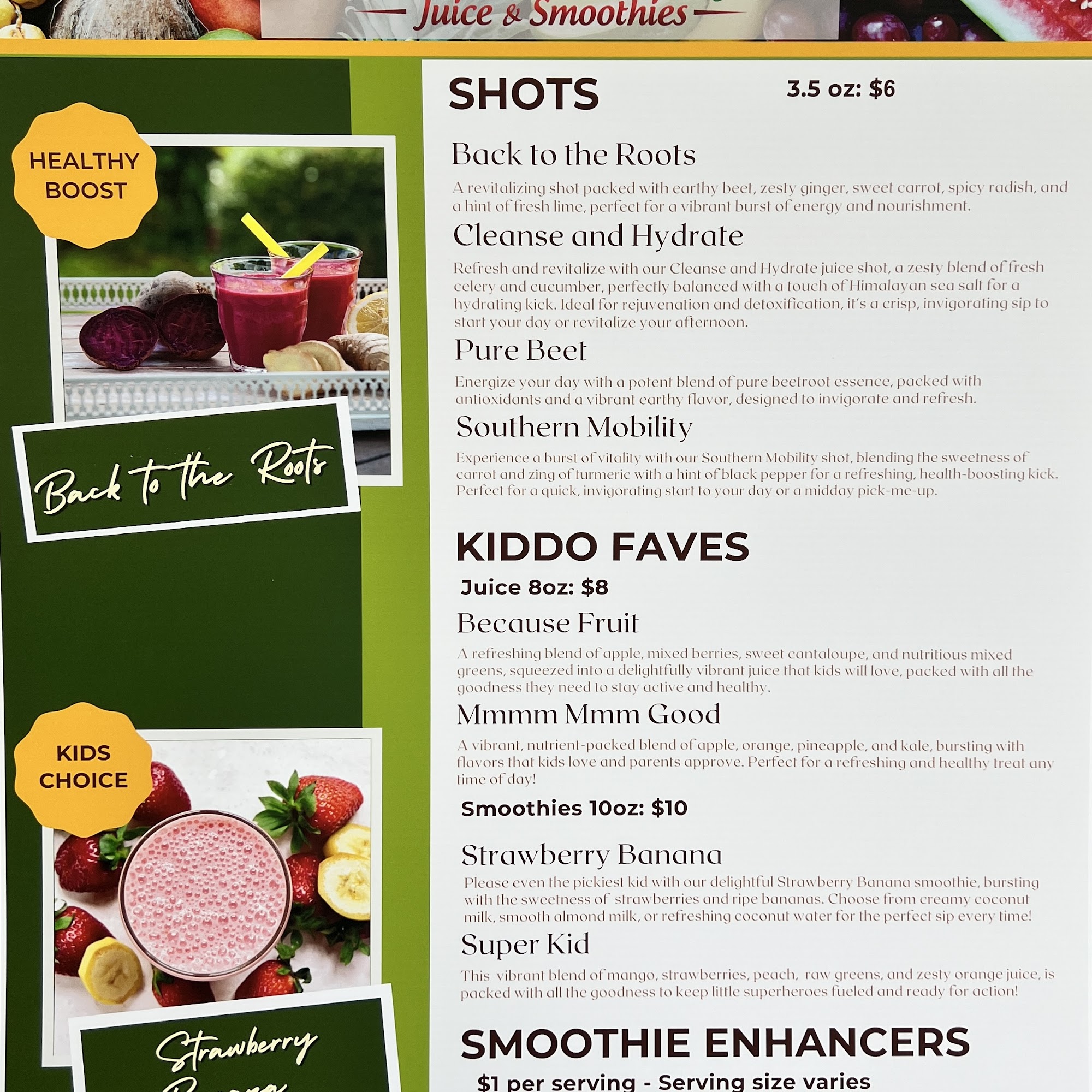 Southern Pulp Juice and Smoothies Menu
