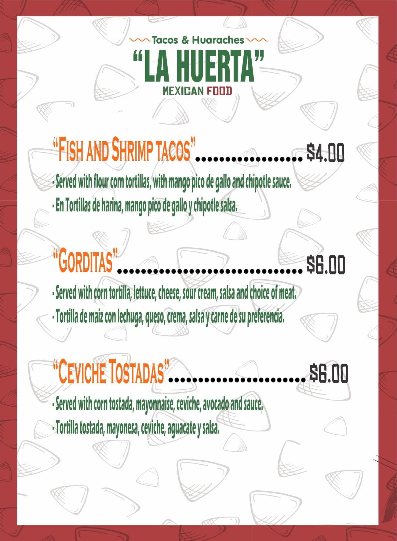 La Huerta Menu