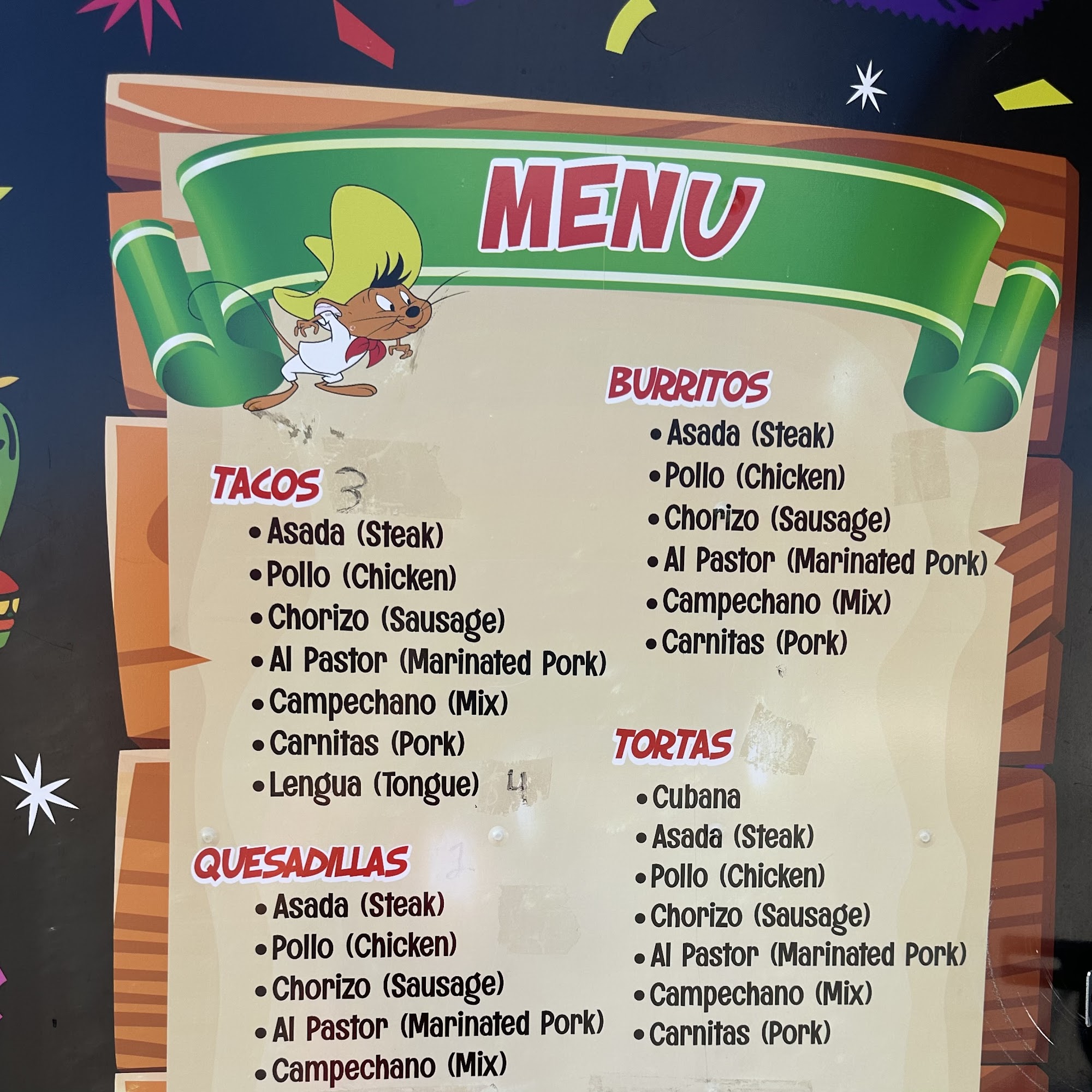 Taqueria Speedy Gonzalez Menu