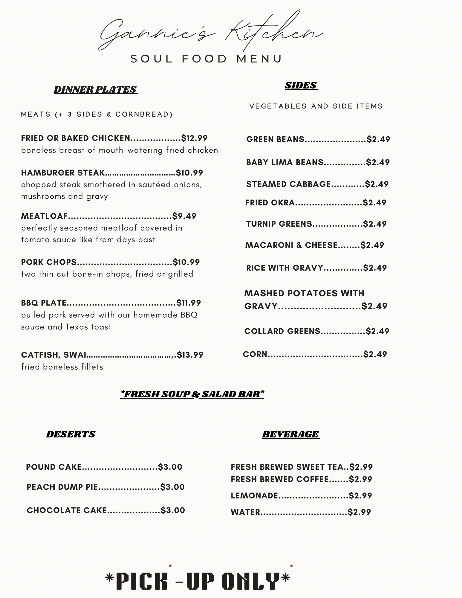 Gannie’s Kitchen Menu