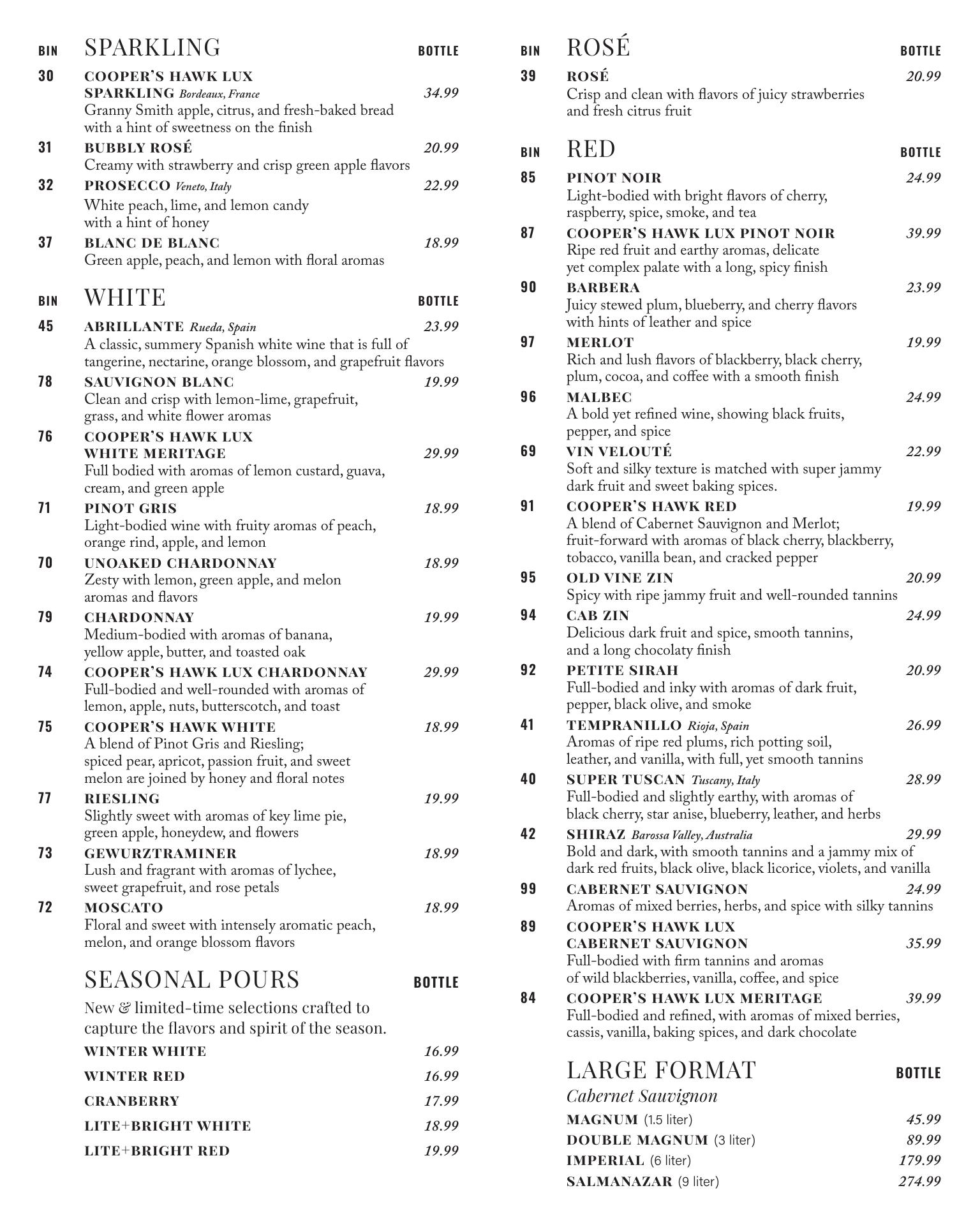 Cooper’s Hawk Winery & Restaurant Menu
